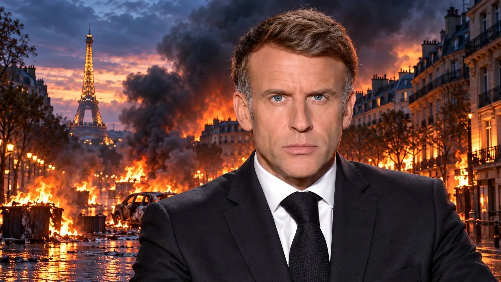 Symbolische illustratie van Emmanuel Macron met achter hem brandende containers, een uitgebrande auto en rookwolken boven Parijs, met de Eiffeltoren in de verte.