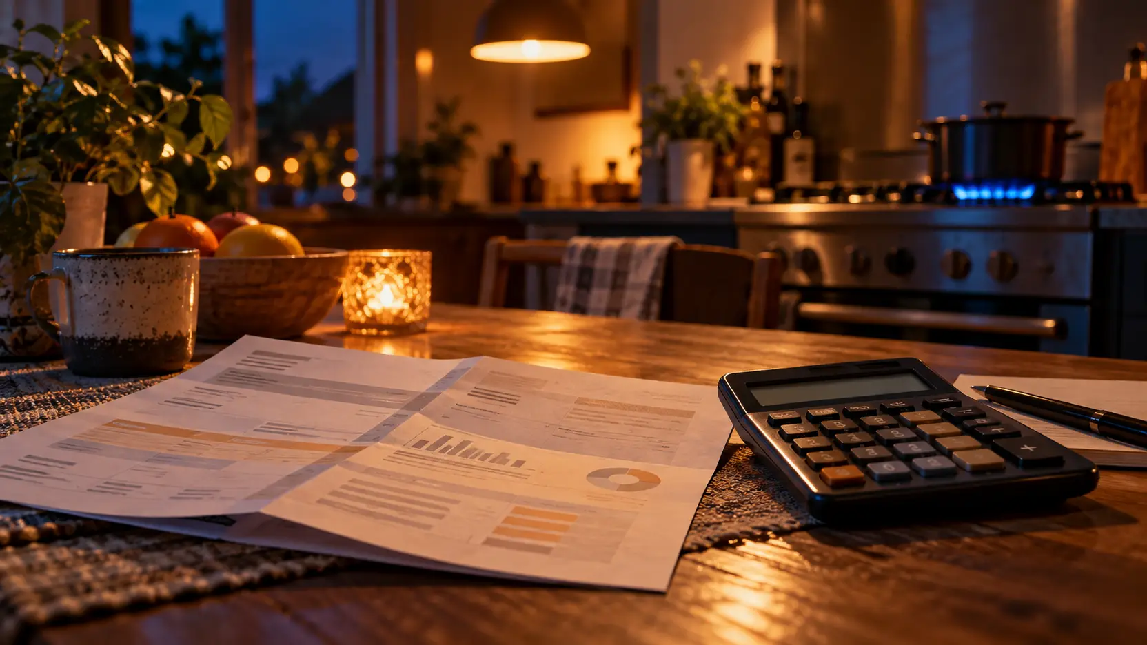 Energierekening en rekenmachine op de keukentafel met op de achtergrond een brandende gasvlam