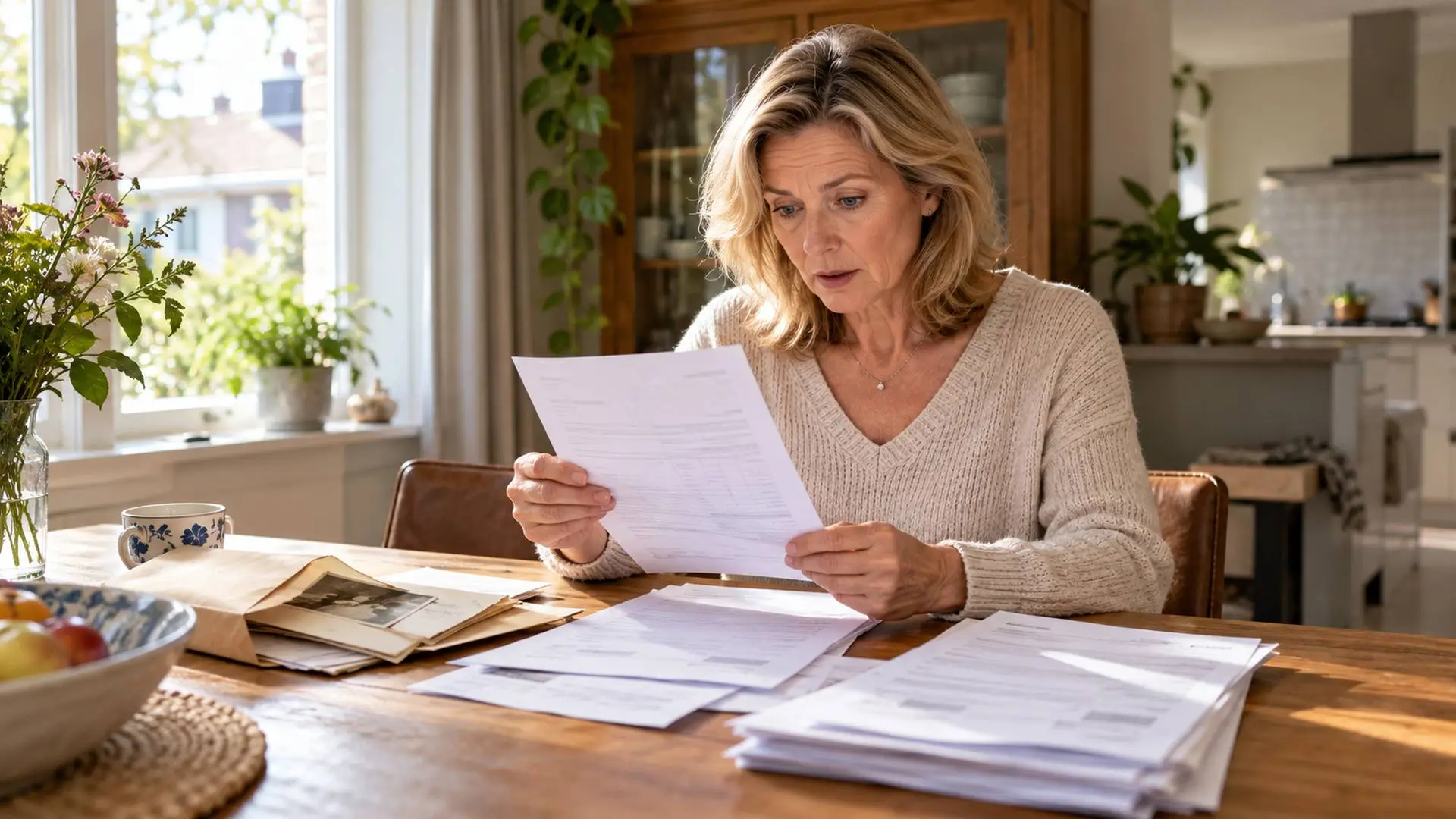 Illustratie van een vrouw die aan de eettafel verrast naar een bankafschrift tussen familiepapieren kijkt.