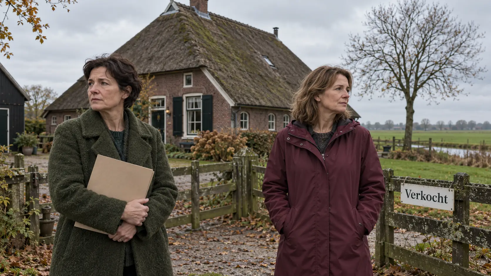 Twee vrouwen staan op afstand van elkaar op het erf van een verkochte boerderij met rieten dak.