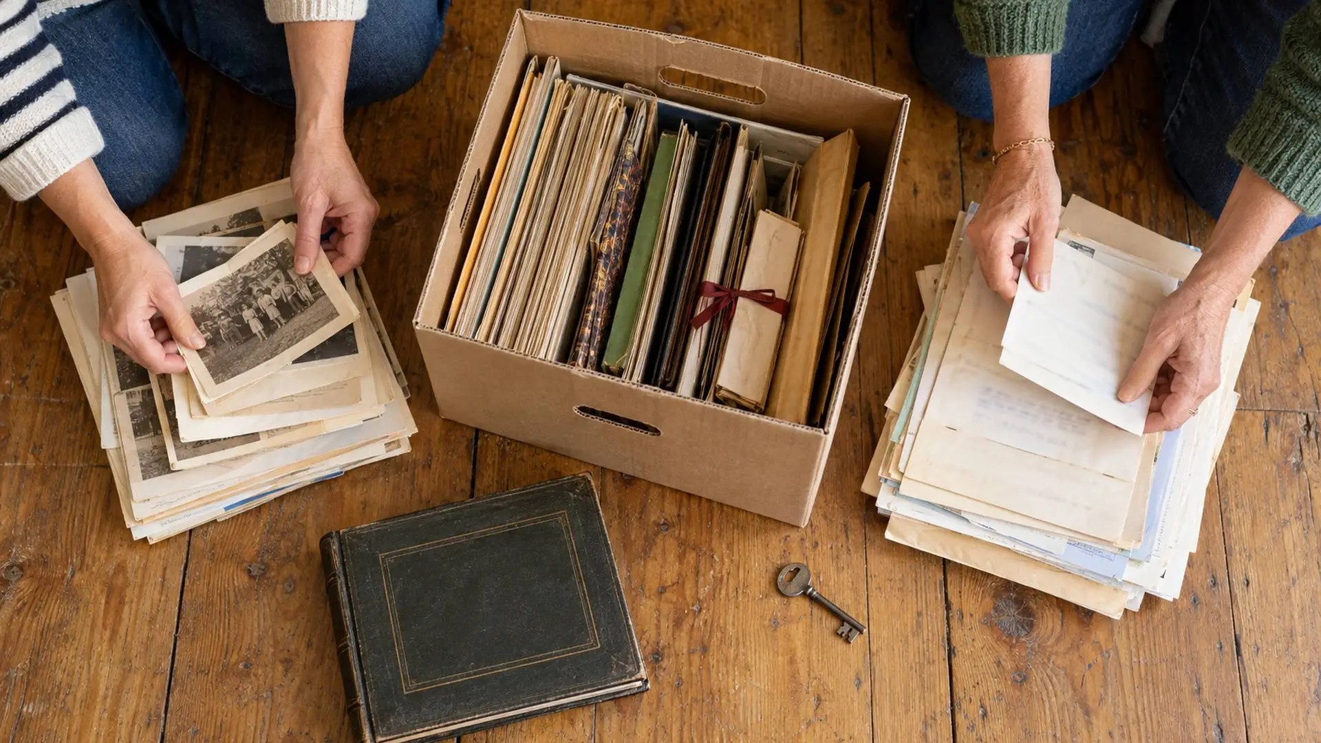 Twee zussen ordenen familiepapieren uit een archiefdoos.