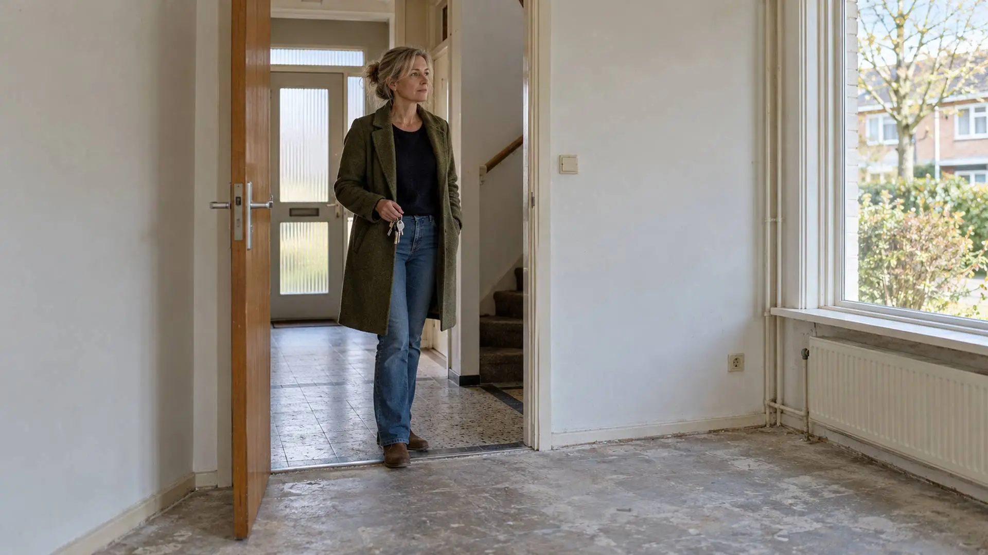 Vrouw houdt huissleutels vast in de hal van een leegstaande woning.