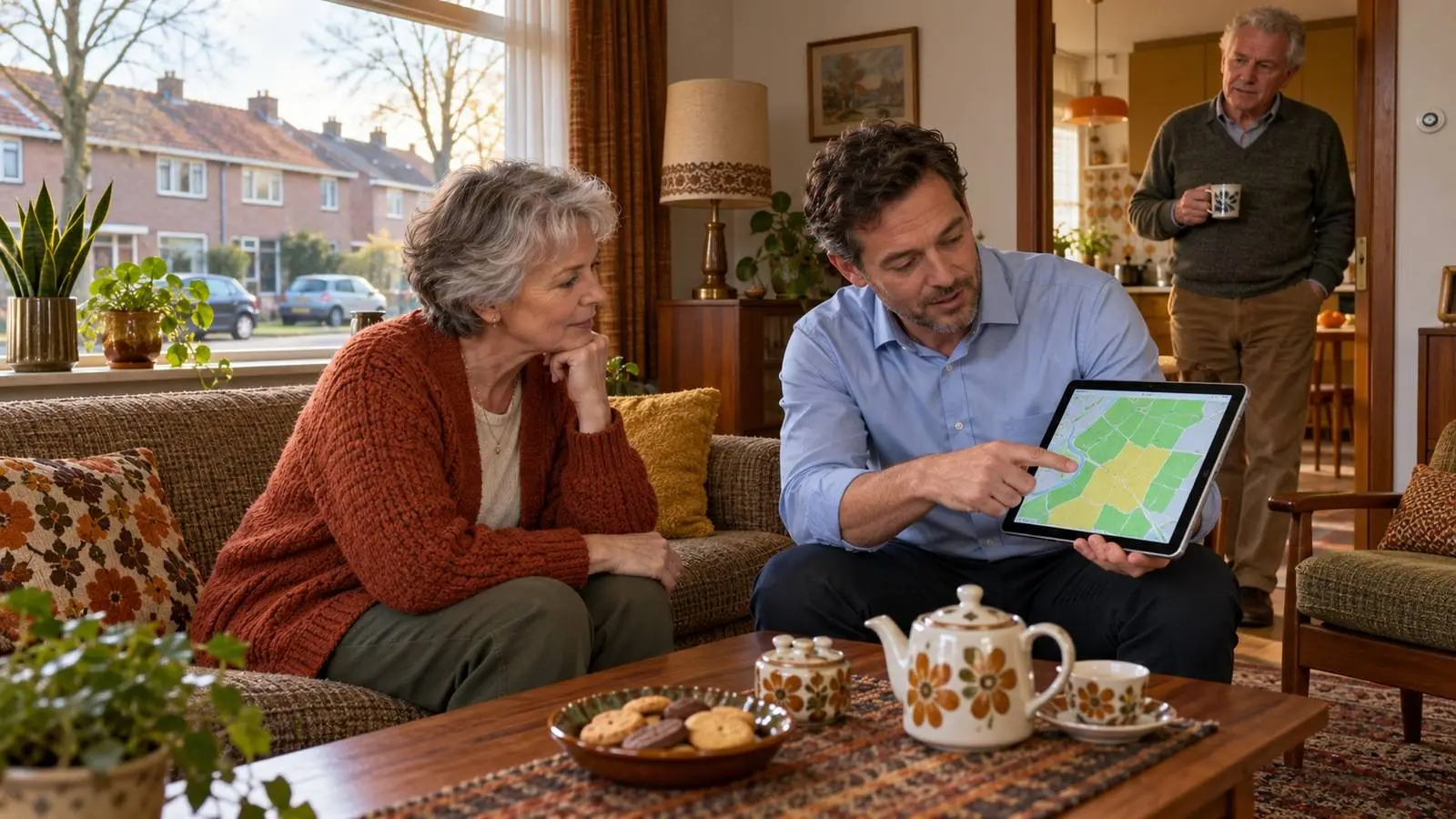 Vrouw bekijkt een kaart op een tablet die een verkoper haar in de woonkamer laat zien.