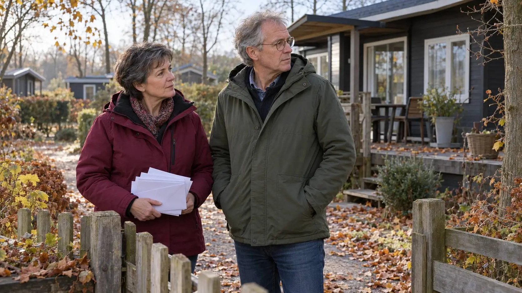 Broer en zus van rond de zestig staan bij het tuinhek van een houten vakantiehuis; de zus houdt enveloppen en rekeningen vast.