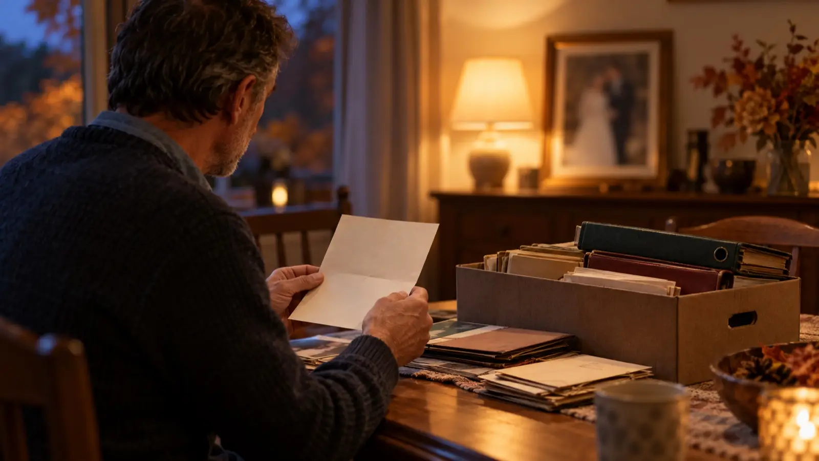 Man aan een eettafel met een geopende brief, naast een doos met oude ordners en een onscherpe trouwfoto