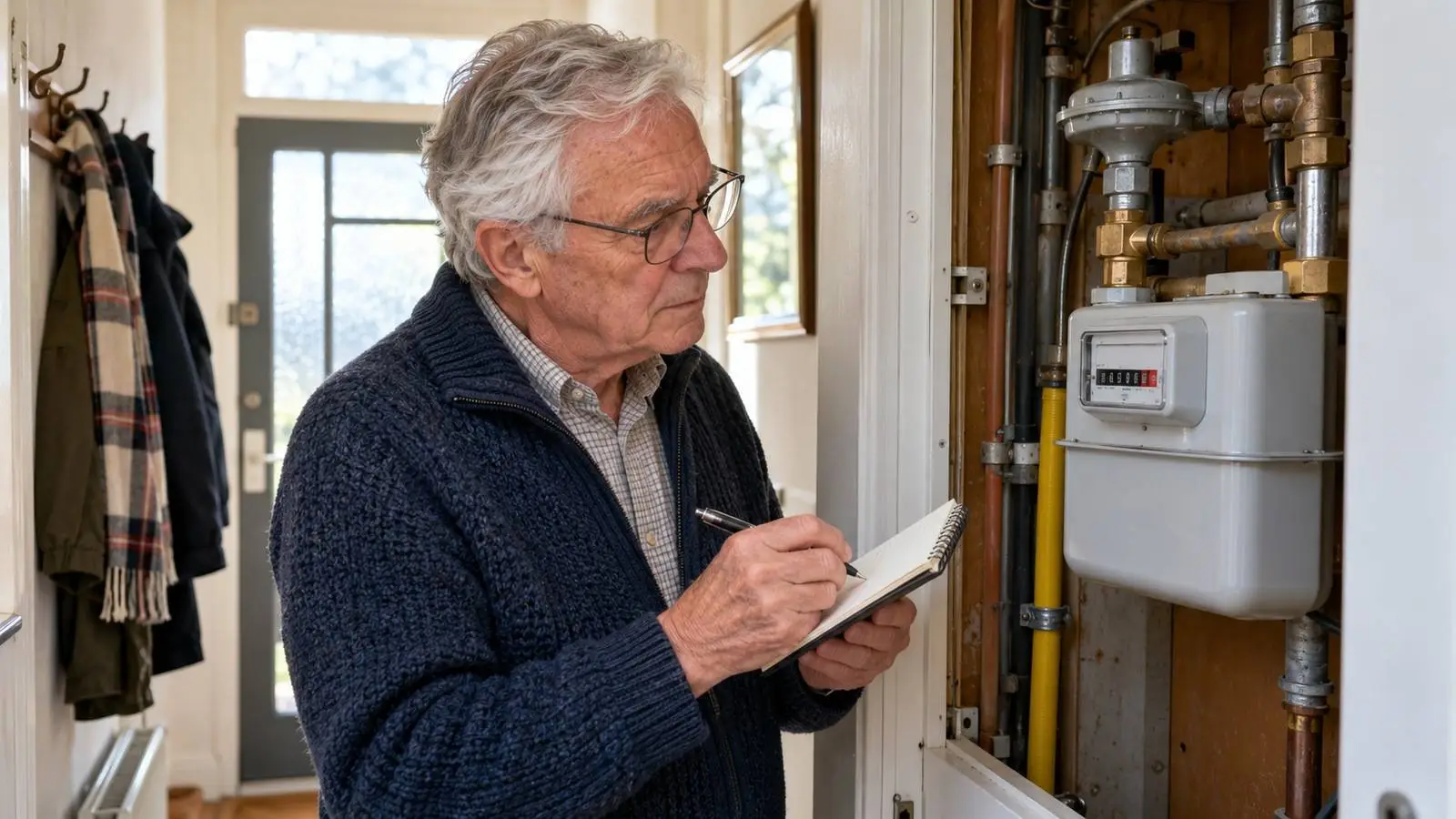 Oudere man noteert de gasmeterstand in een notitieboekje bij de open meterkast in zijn hal.