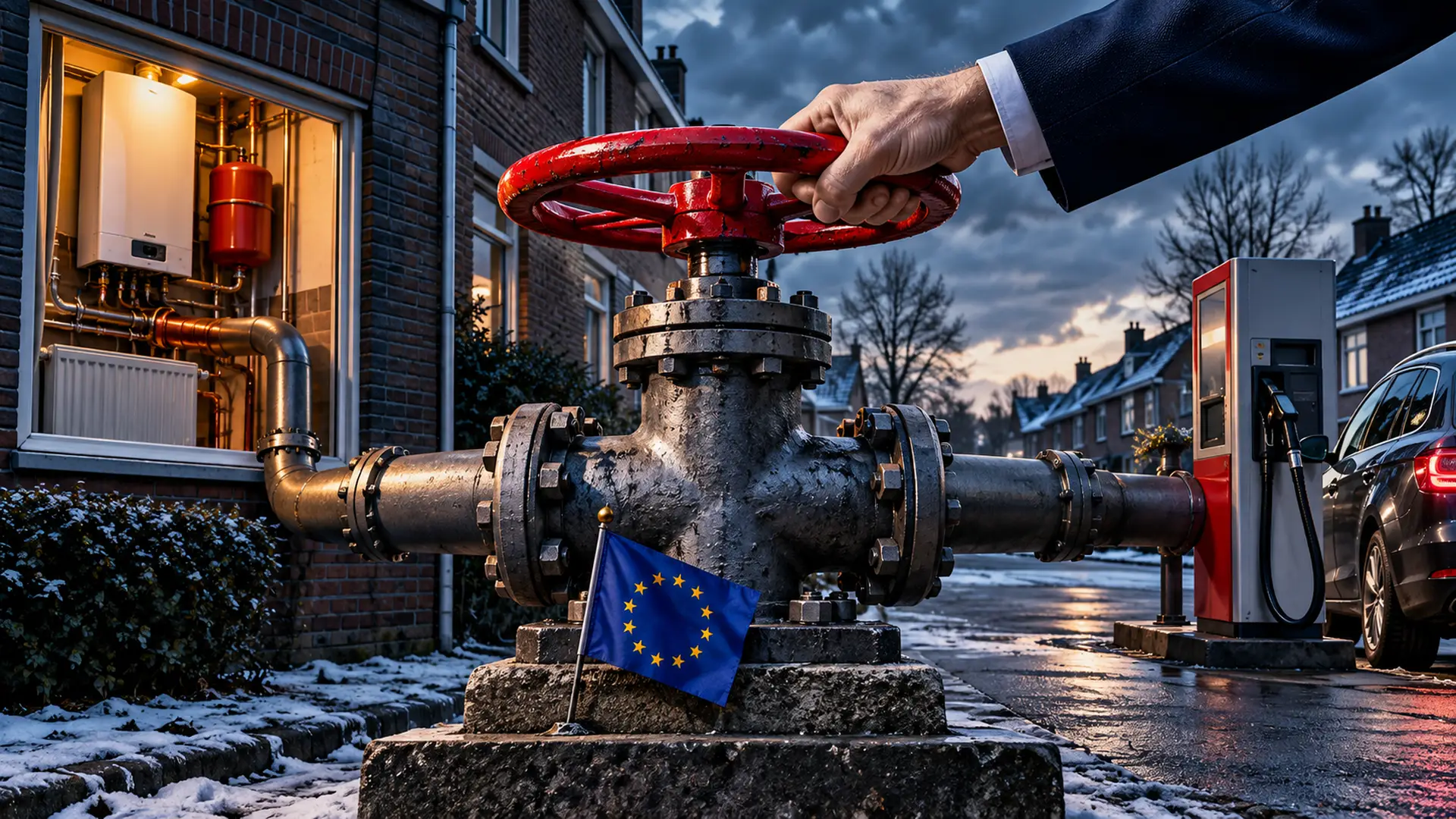 Hand draait een metalen kraan dicht, met leidingen naar een cv-installatie en een benzinepomp in een Nederlandse woonstraat.