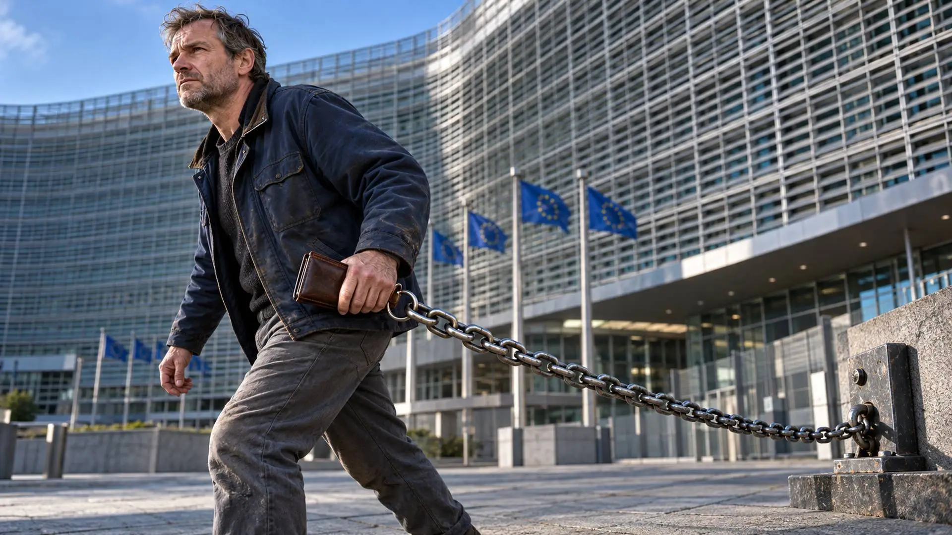 Een Nederlandse werkende wiens portemonnee met een zware ketting aan het Europese Commissiegebouw verbonden is.