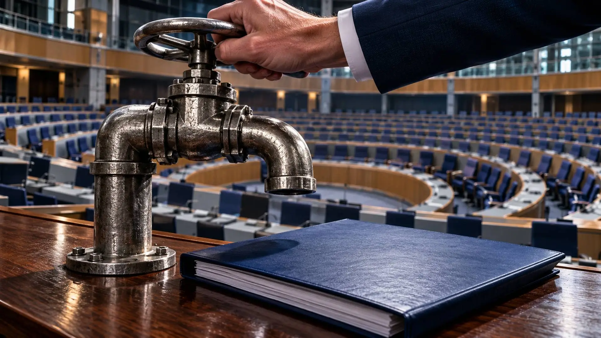 Een hand die een metalen subsidiekraan dichtdraait, met een Europese parlementszaal op de achtergrond.