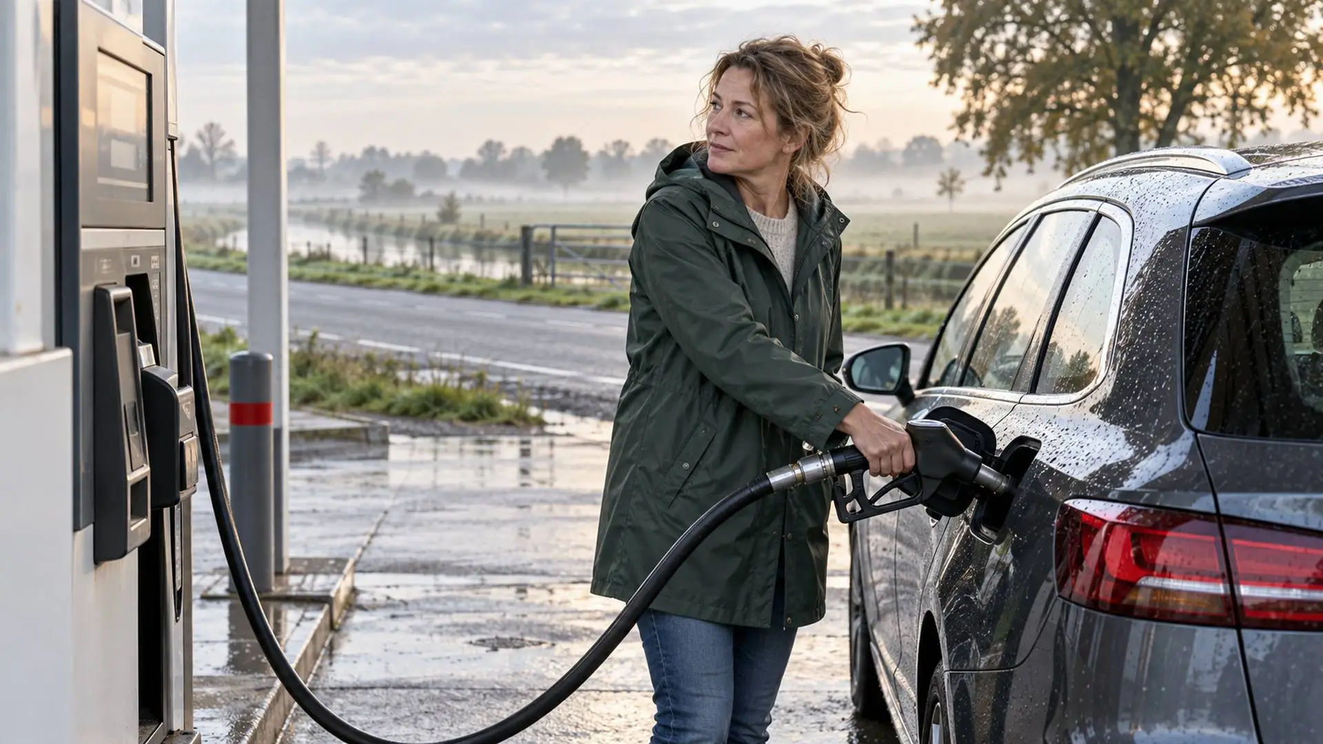 Vrouw tankt haar auto bij een onbemand tankstation langs een provinciale weg