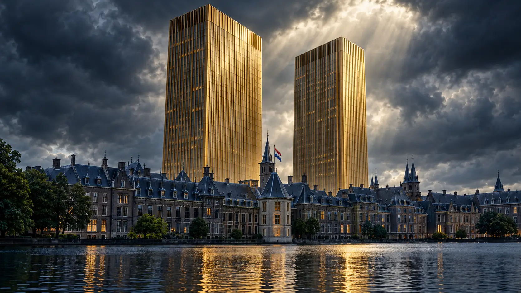 De gouden torens van het Europees Hof in Luxemburg torenen symbolisch uit boven het Binnenhof in Den Haag.