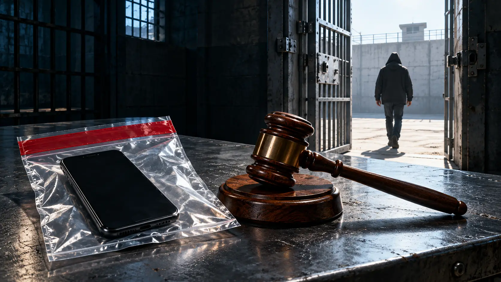 Bewijszak met een smartphone en rechtershamer op een tafel terwijl een veroordeelde door een open celdeur naar buiten loopt.