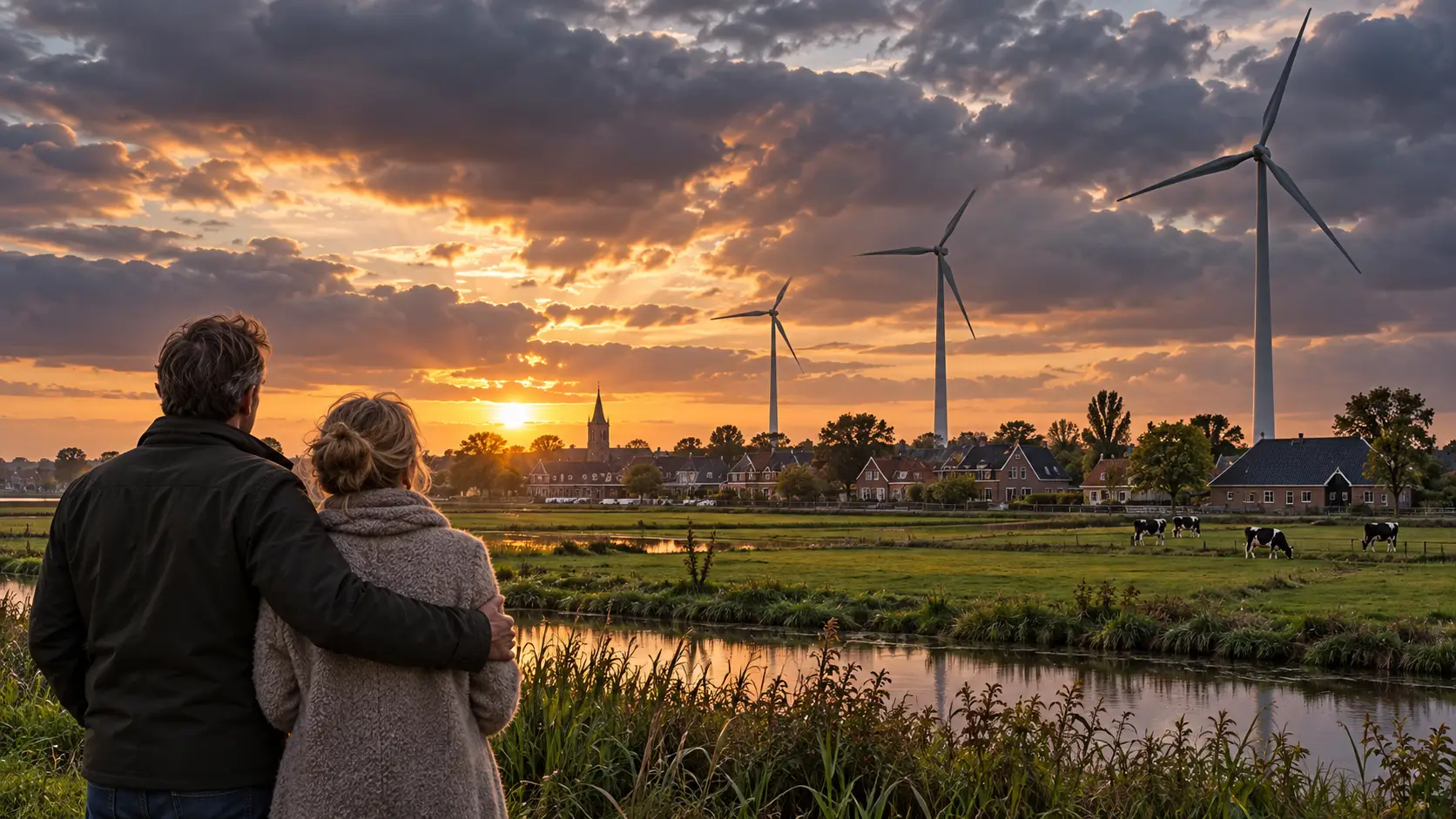 Illustratie van twee bewoners die naar drie mogelijke hoge windturbines bij een dorp in de Alblasserwaard kijken (AI-beeld).