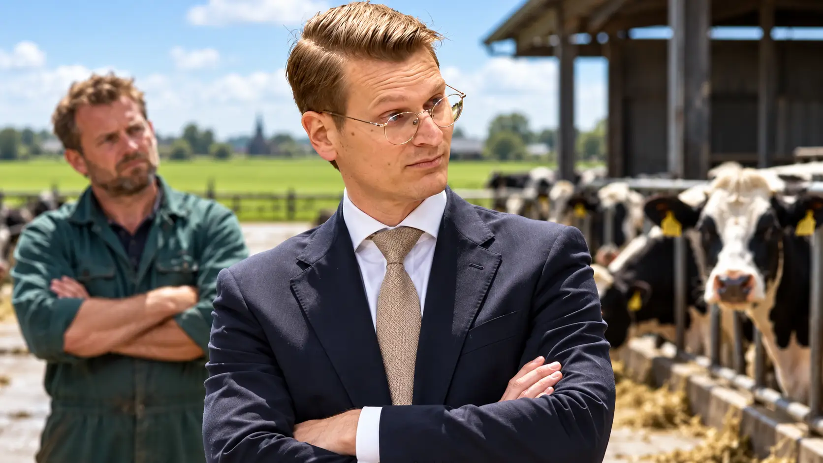 AI-illustratie van Jaimi van Essen op een boerenerf, met een melkveehouder en koeien achter hem.