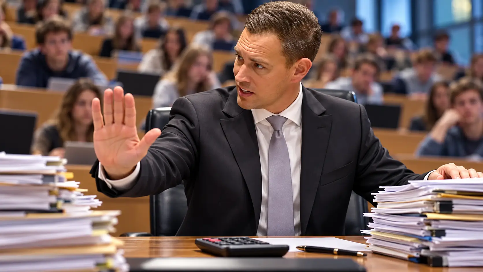 AI-illustratie van Eelco Heinen achter een bureau met nota’s, met studenten in een collegezaal op de achtergrond.