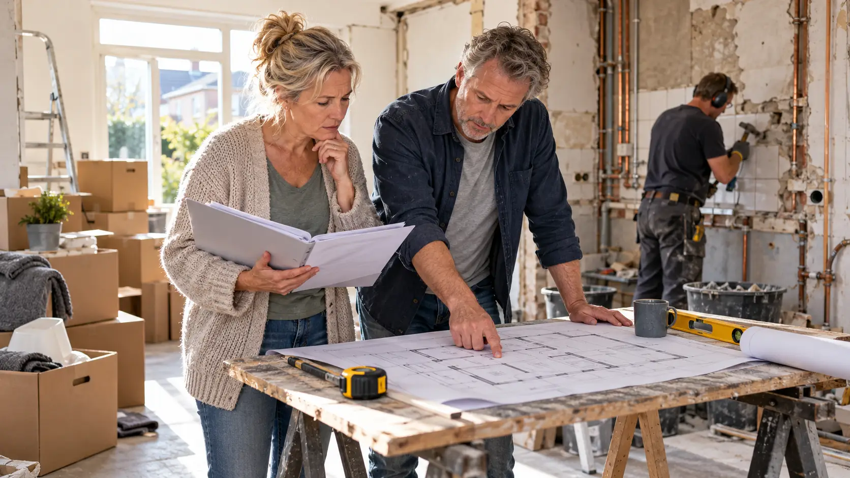 Stel bekijkt financiële papieren en een bouwtekening in de keuken van hun nieuwe woning.