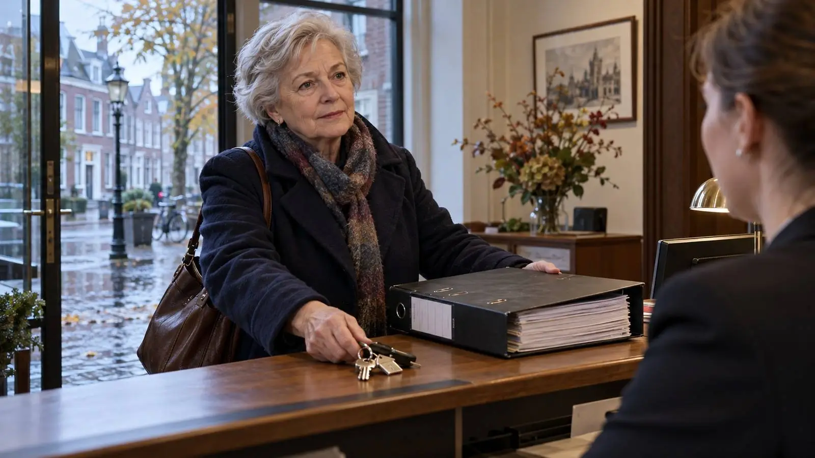 Oudere vrouw legt bij de balie van een notariskantoor een ordner en een sleutelbos neer