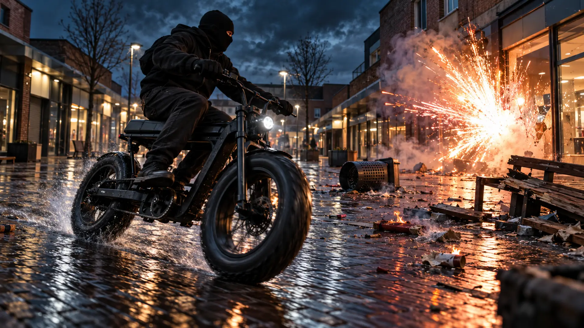 Illustratie van een gemaskerde figuur op een fatbike in een verlaten winkelstraat, waar vuurwerk ontploft bij een winkelpui.