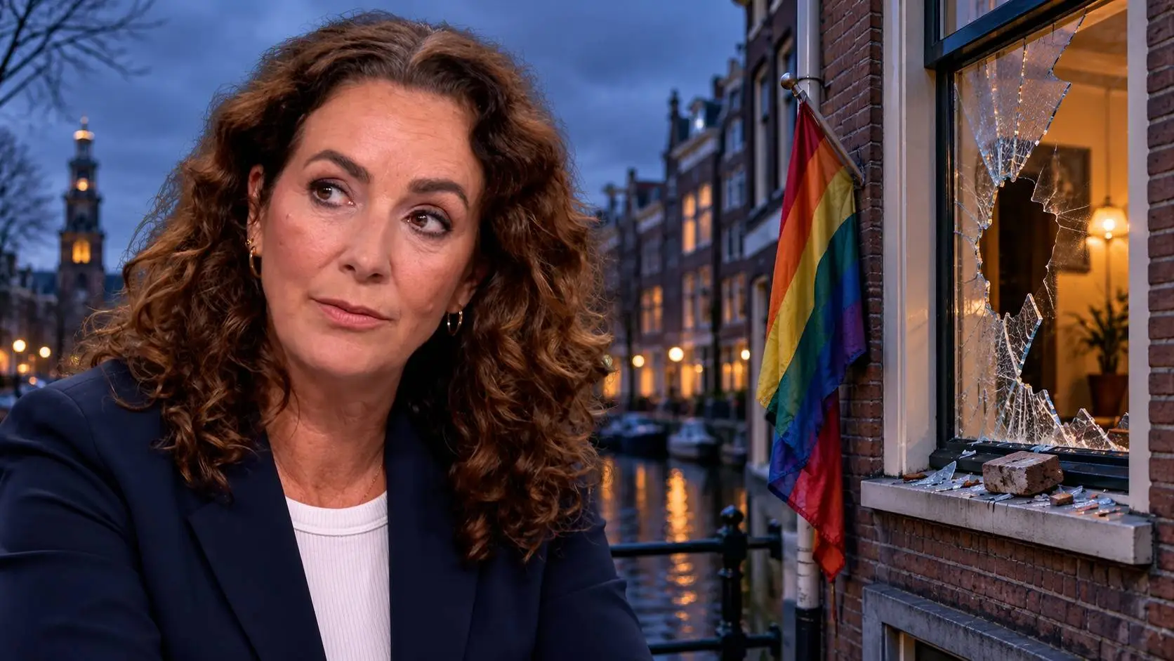 Symbolische AI-illustratie van Femke Halsema naast een gebroken raam met een baksteen en een regenboogvlag aan een Amsterdamse gevel.