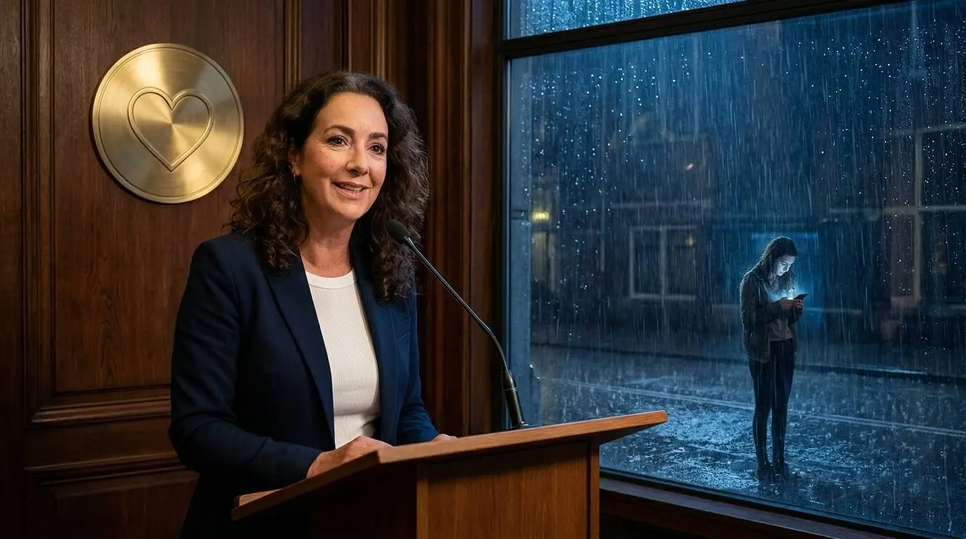 AI-illustratie: Halsema glimlacht achter een katheder, buiten staat een jonge vrouw alleen in de regen met haar telefoon