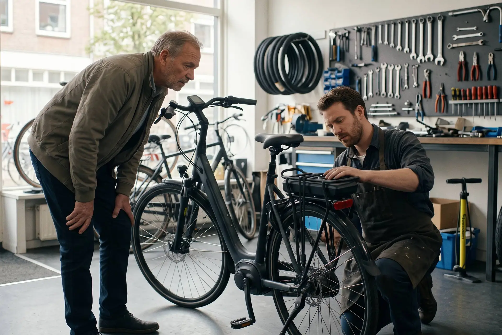 Monteur bekijkt de accu van een elektrische fiets in een fietsenwinkel