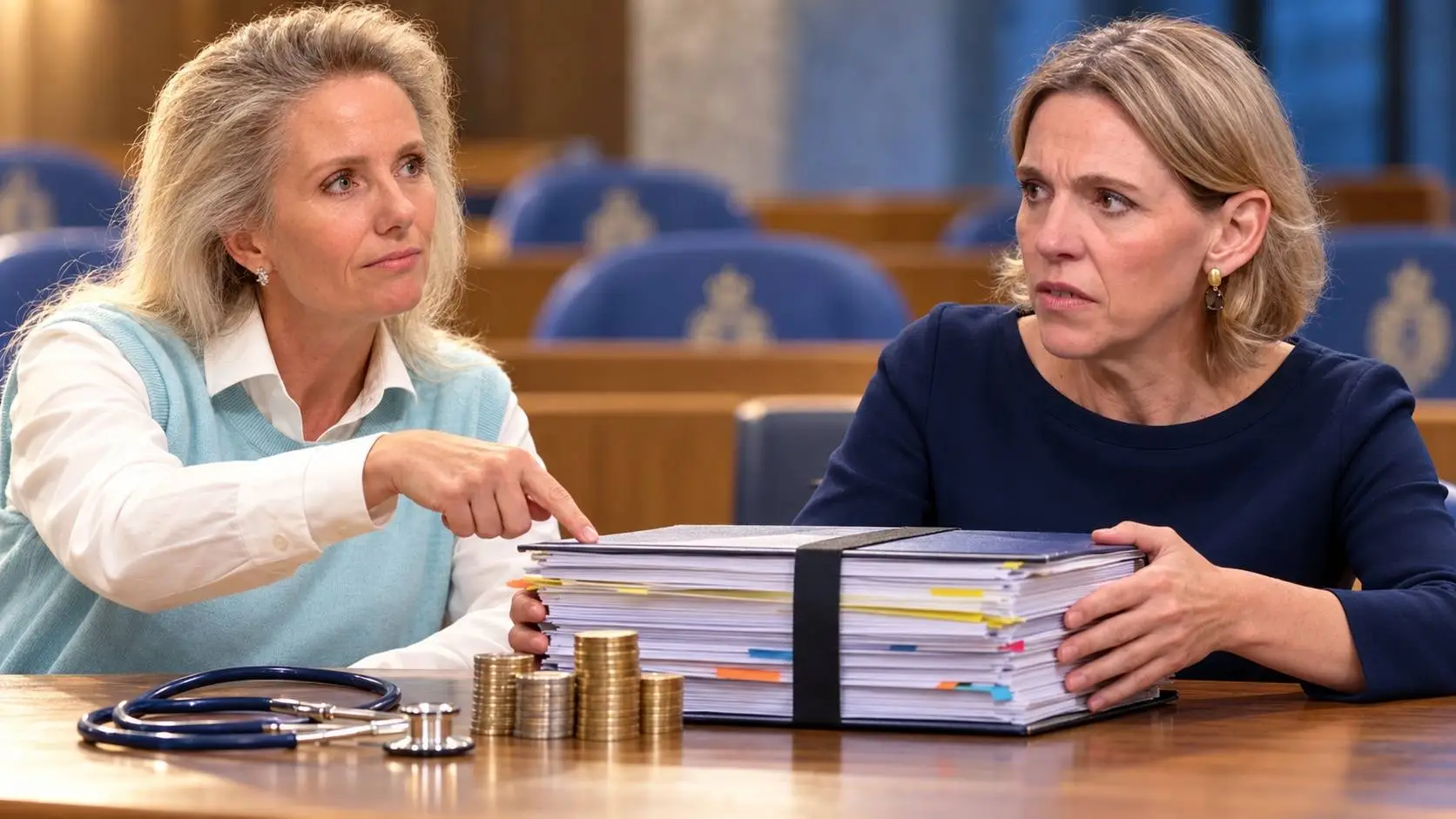 AI-illustratie van Fleur Agema die naar een dossierpakket wijst dat Mirjam Sterk vasthoudt, met een stethoscoop en munten op tafel.