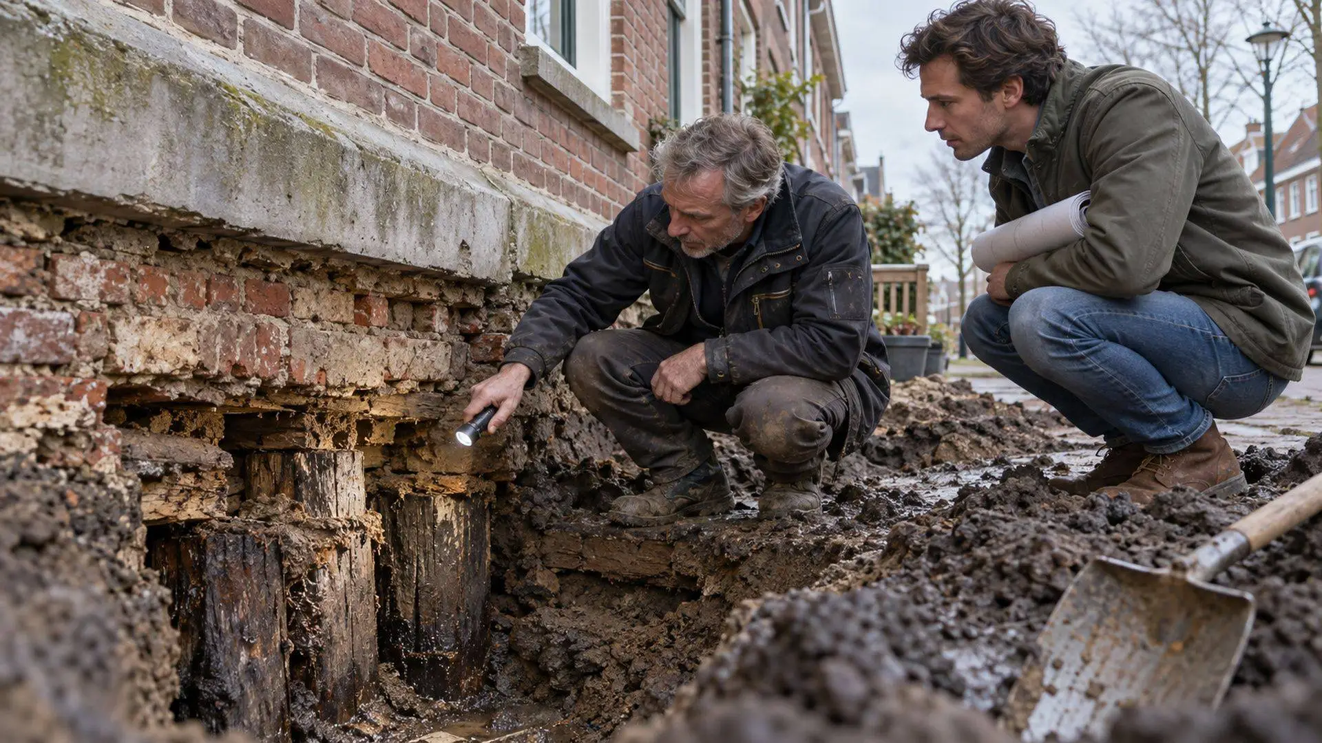 Funderingsonderzoeker wijst met een zaklamp naar oude houten palen in een kuil langs een bakstenen gevel