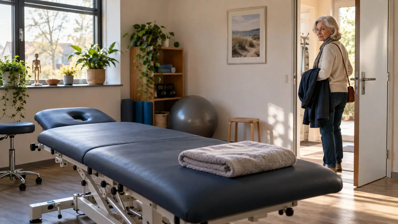 en oudere vrouw die bij de deur van een lege fysiotherapiepraktijk staat.