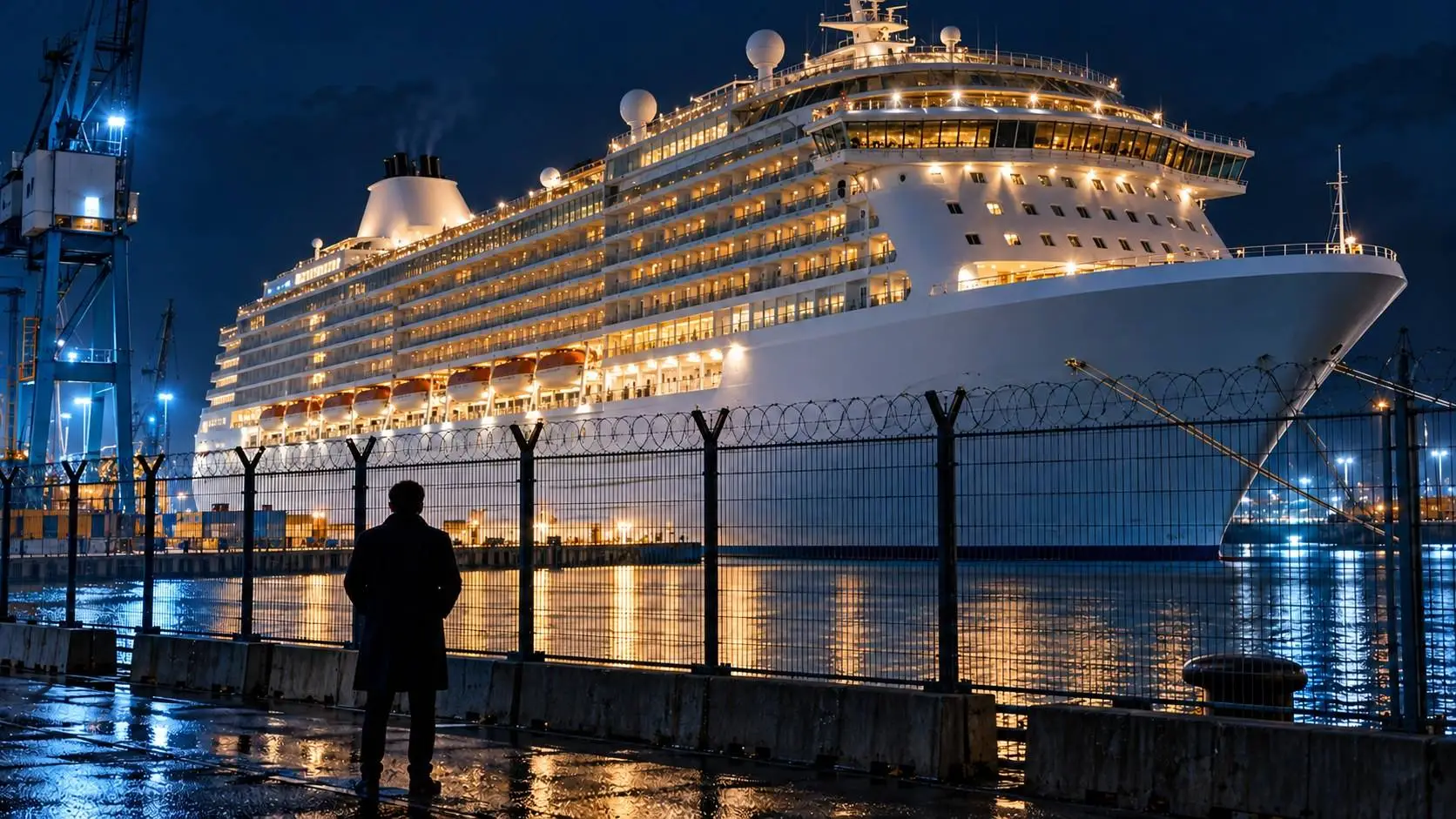 AI-illustratie van een verlicht cruiseschip 's avonds aan een havenkade achter een hek met prikkeldraad, een man kijkt toe.