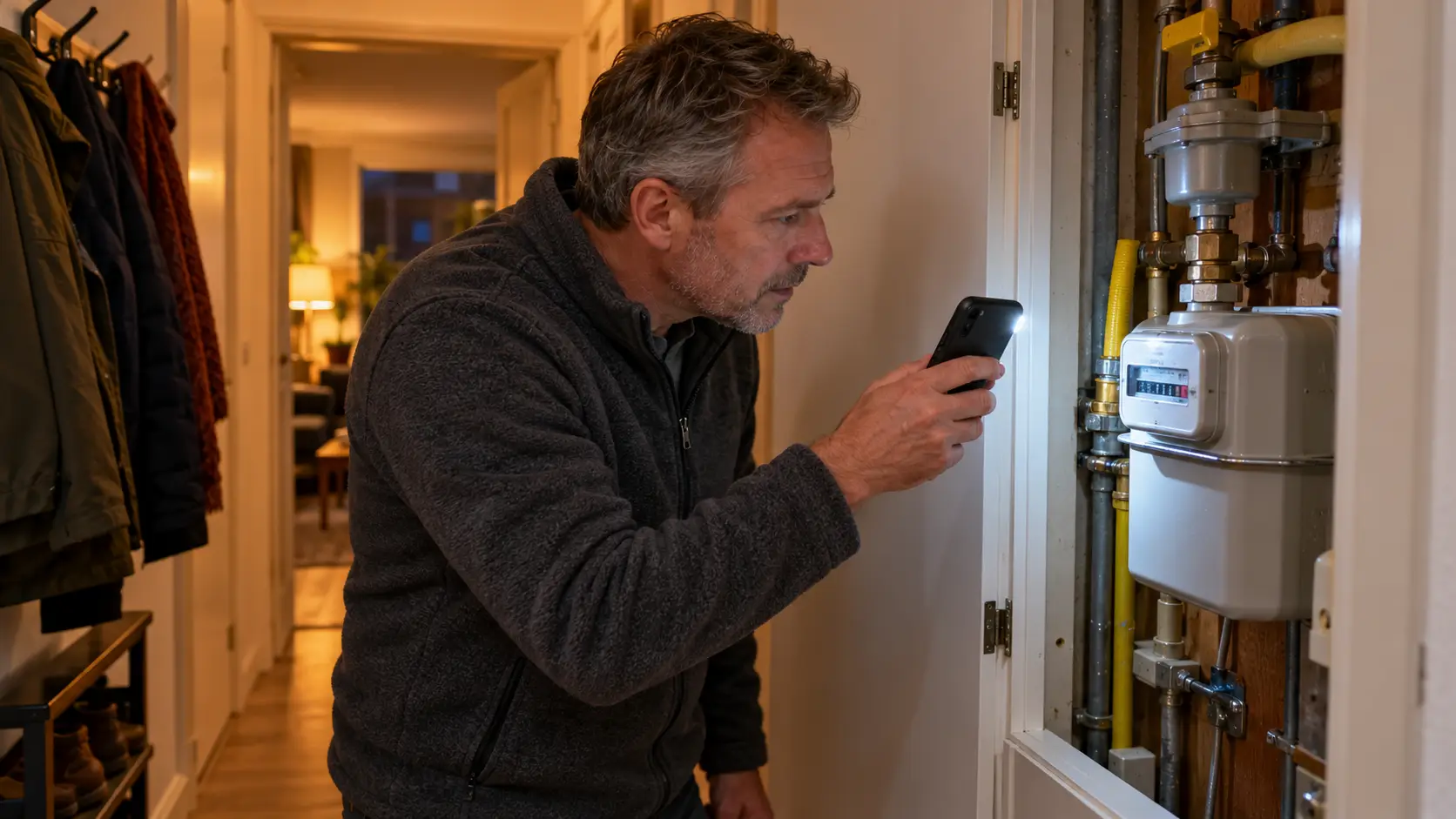 Man schijnt met de zaklamp van zijn telefoon op de gasmeter in een geopende meterkast.