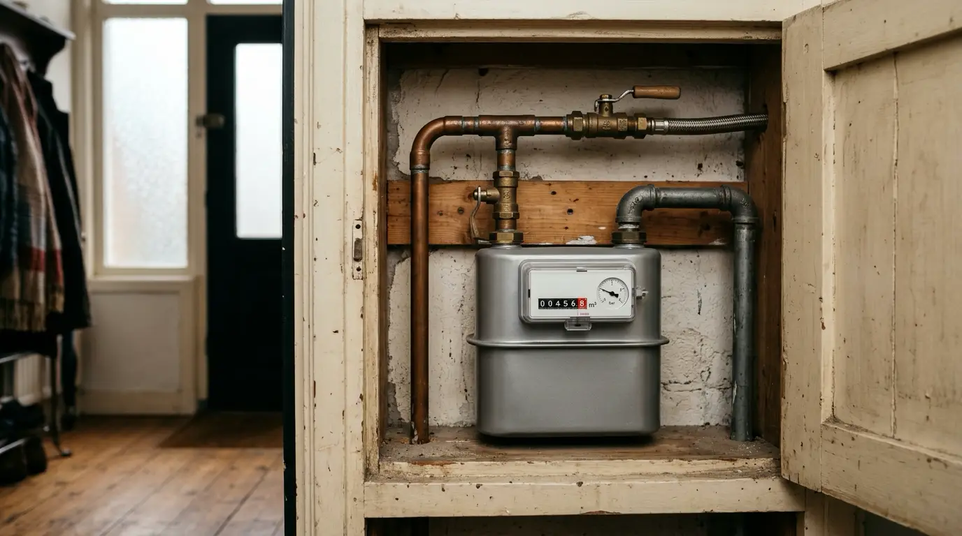 Gasmeter in de meterkast van een Nederlandse woning, in koel daglicht