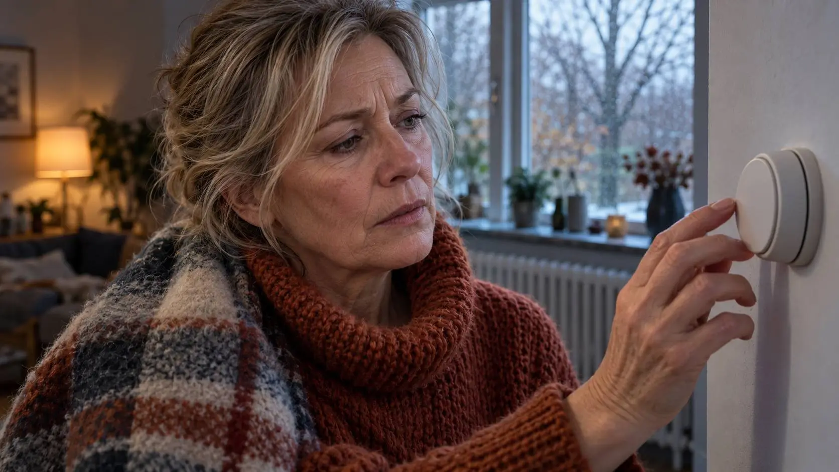 Vrouw met een plaid over haar schouder aarzelt bij de thermostaat op een koude ochtend.