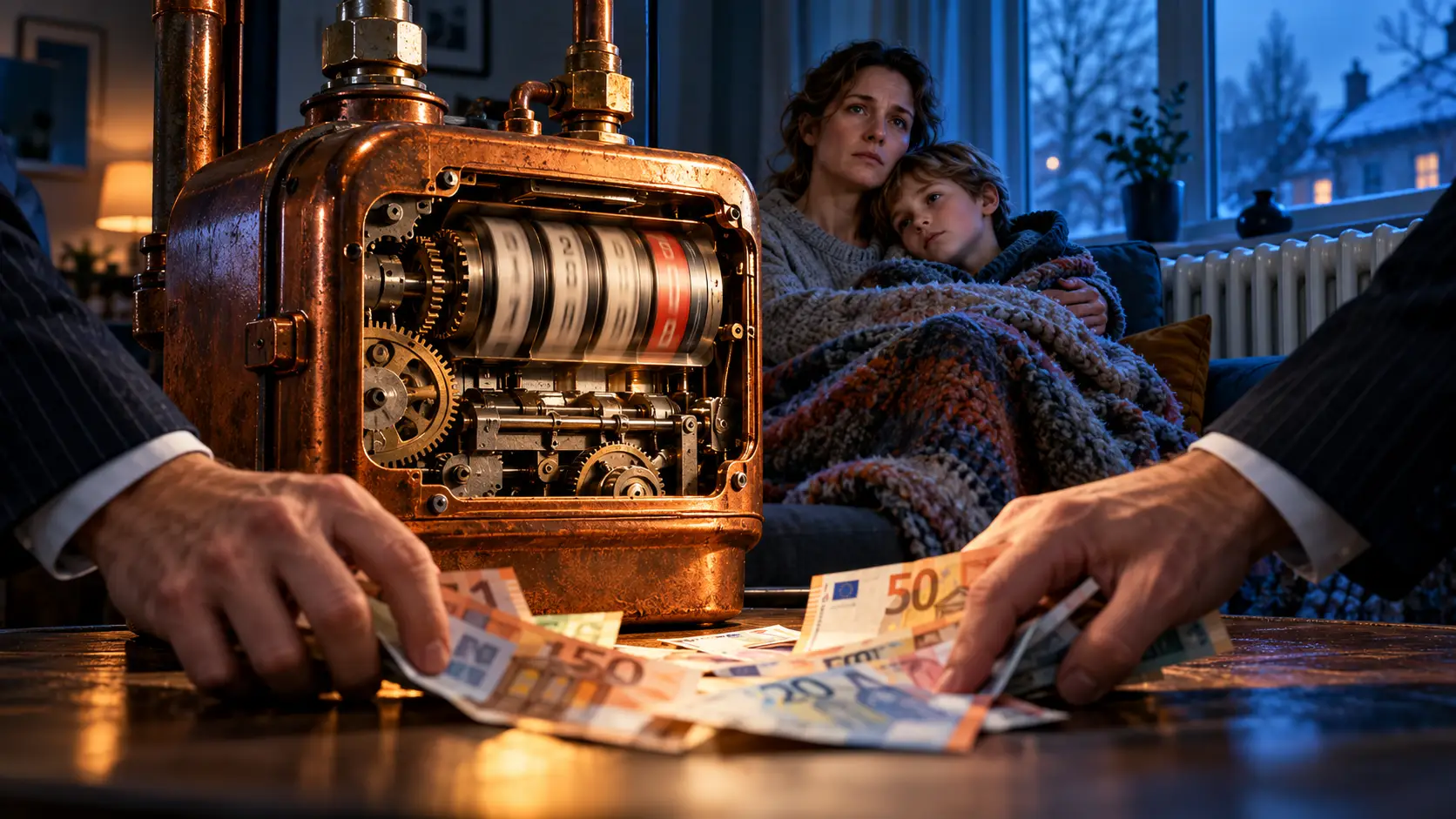 Moeder en kind onder een deken, met een doordraaiende gasmeter en handen die eurobiljetten wegnemen.
