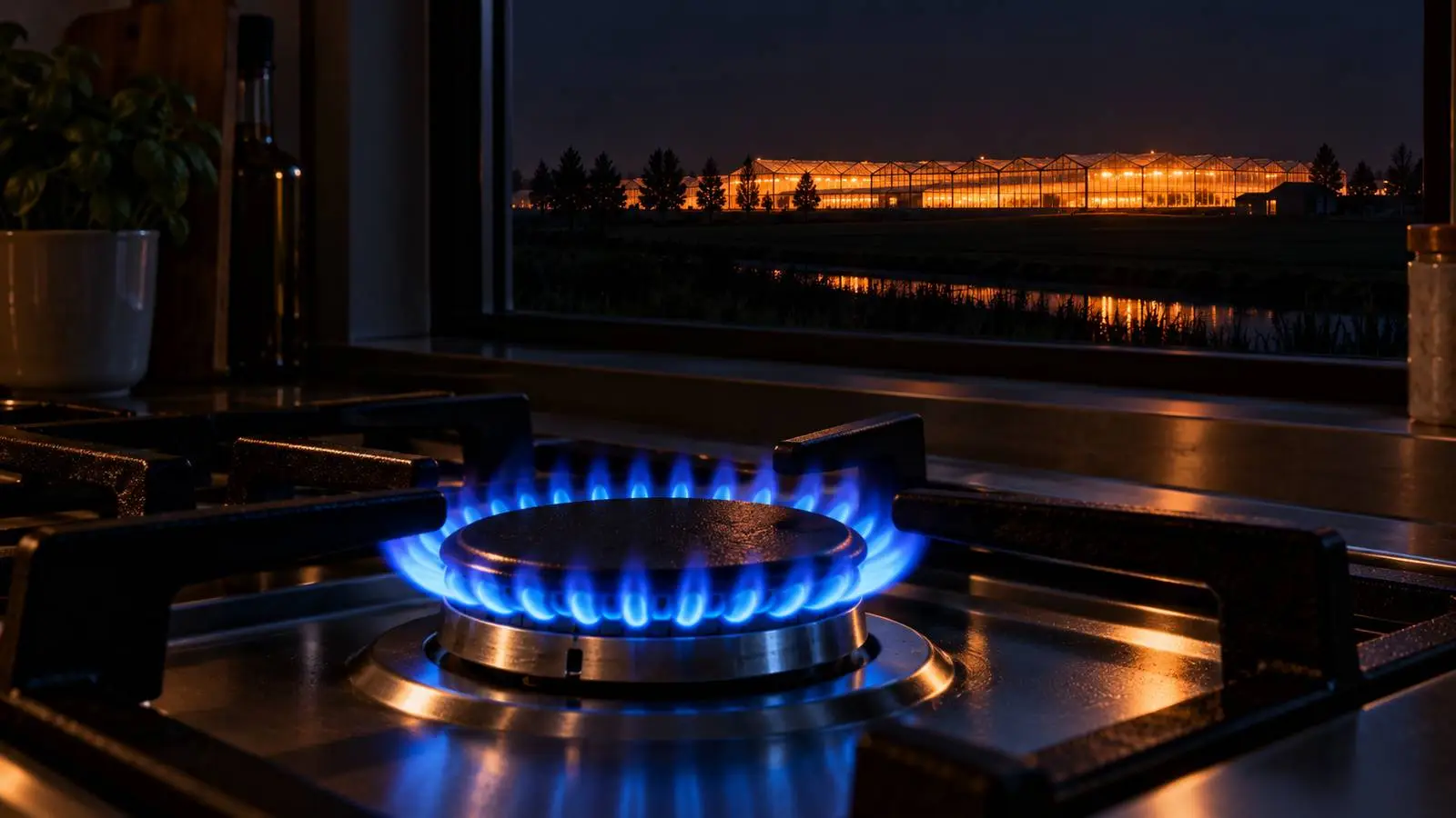 Een gaspit met een blauwe vlam op een fornuis in een donkere keuken, met door het raam in de verte een oranje verlicht kassencomplex in de nacht.