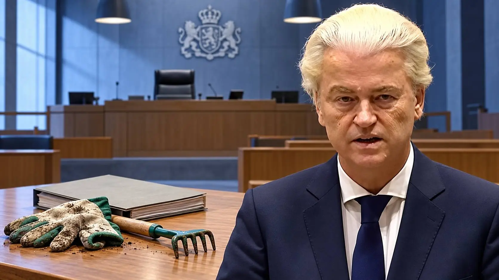 Symbolische AI-illustratie van Geert Wilders voor een lege rechtszaal, met werkhandschoenen, een tuinhark en een dossier op de voorgrond.