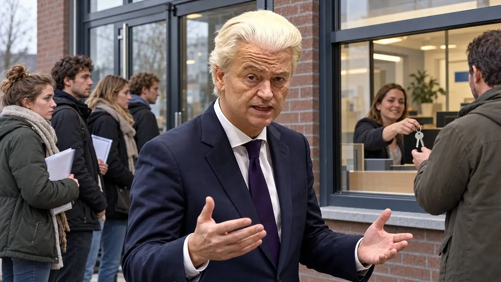 Illustratie van Geert Wilders voor een woningcorporatie, waar jonge woningzoekenden wachten terwijl bij een ander loket sleutels worden overhandigd.