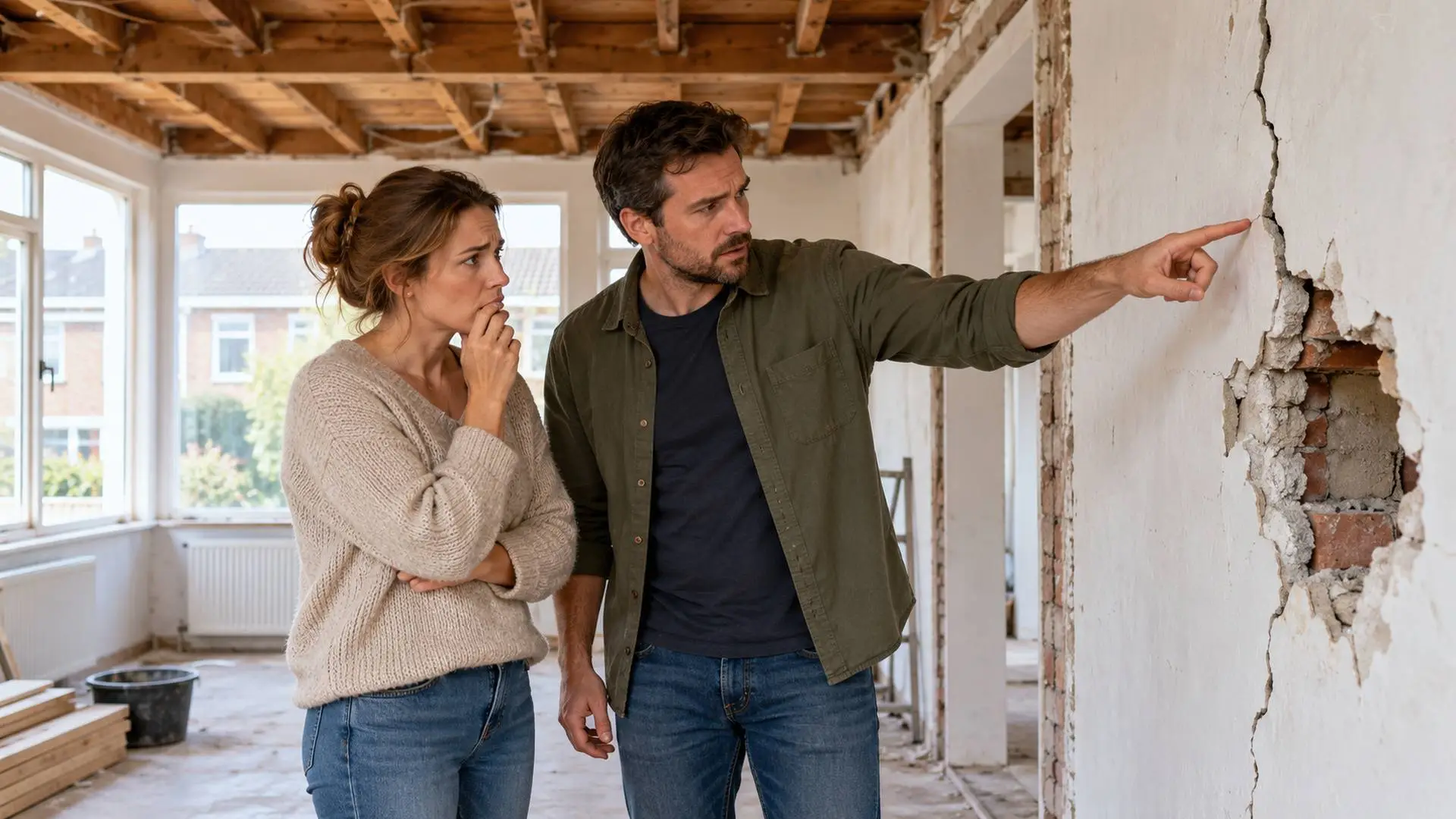 Een stel dat een gat en een scheur in een muur bekijkt in een kale woning met blootliggende balken