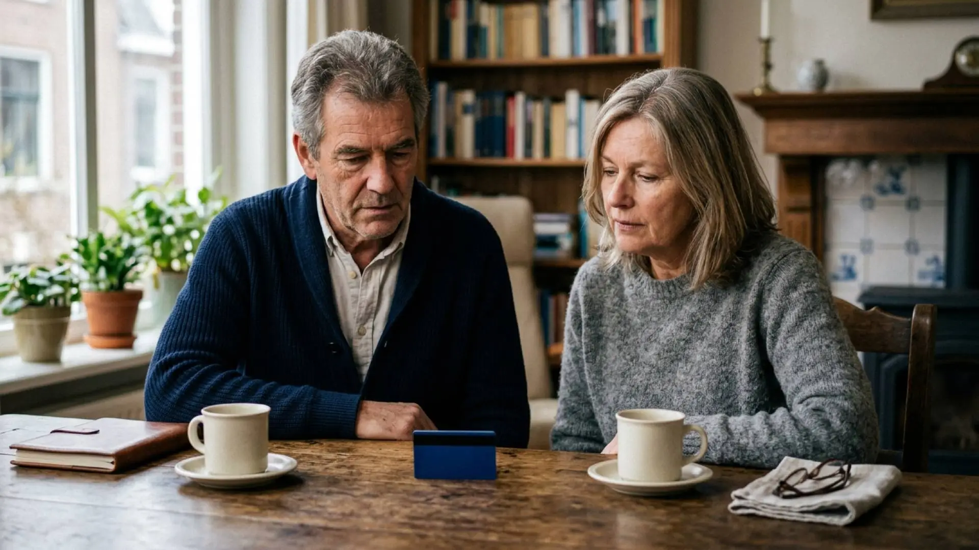 Broer en zus zitten aan een houten eettafel met twee koffiekopjes, een leesbril, een dichte map en een onbedrukte bankpas.