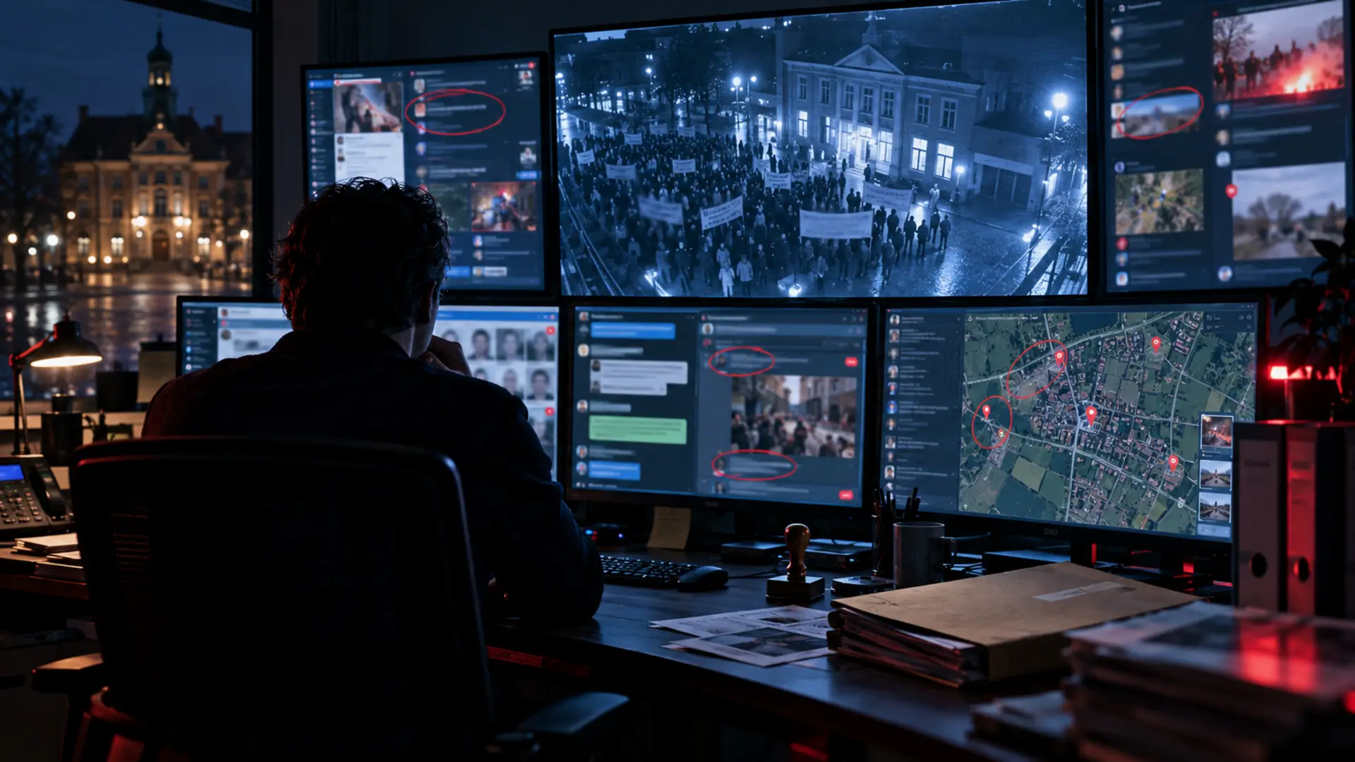 Ambtenaar in donker kantoor voor schermen met sociale media en een demonstratie, symbool voor gemeenten die online meekijken