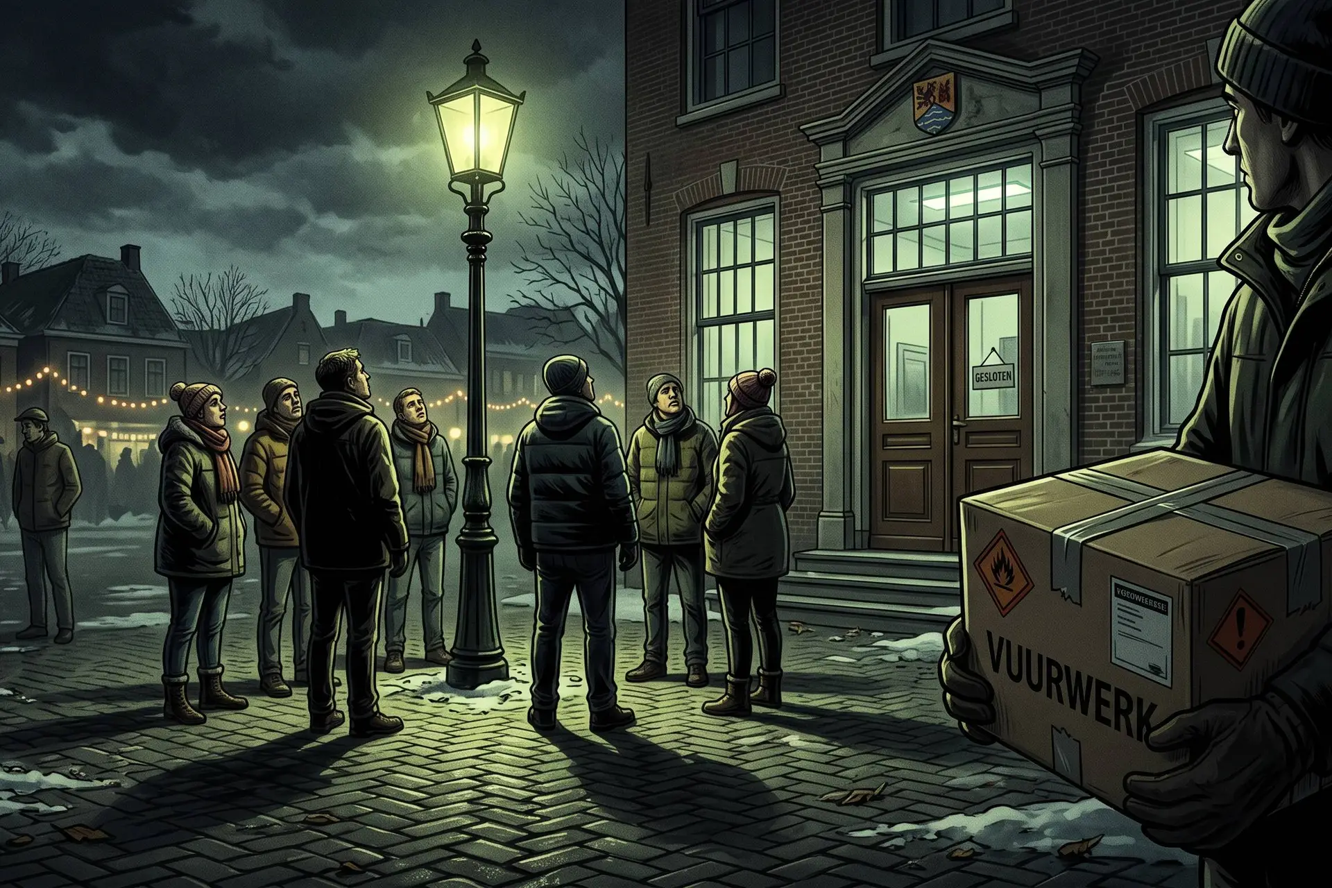 Buurtbewoners met een gesloten vuurwerkdoos voor een gesloten gemeentehuis op oudejaarsavond.