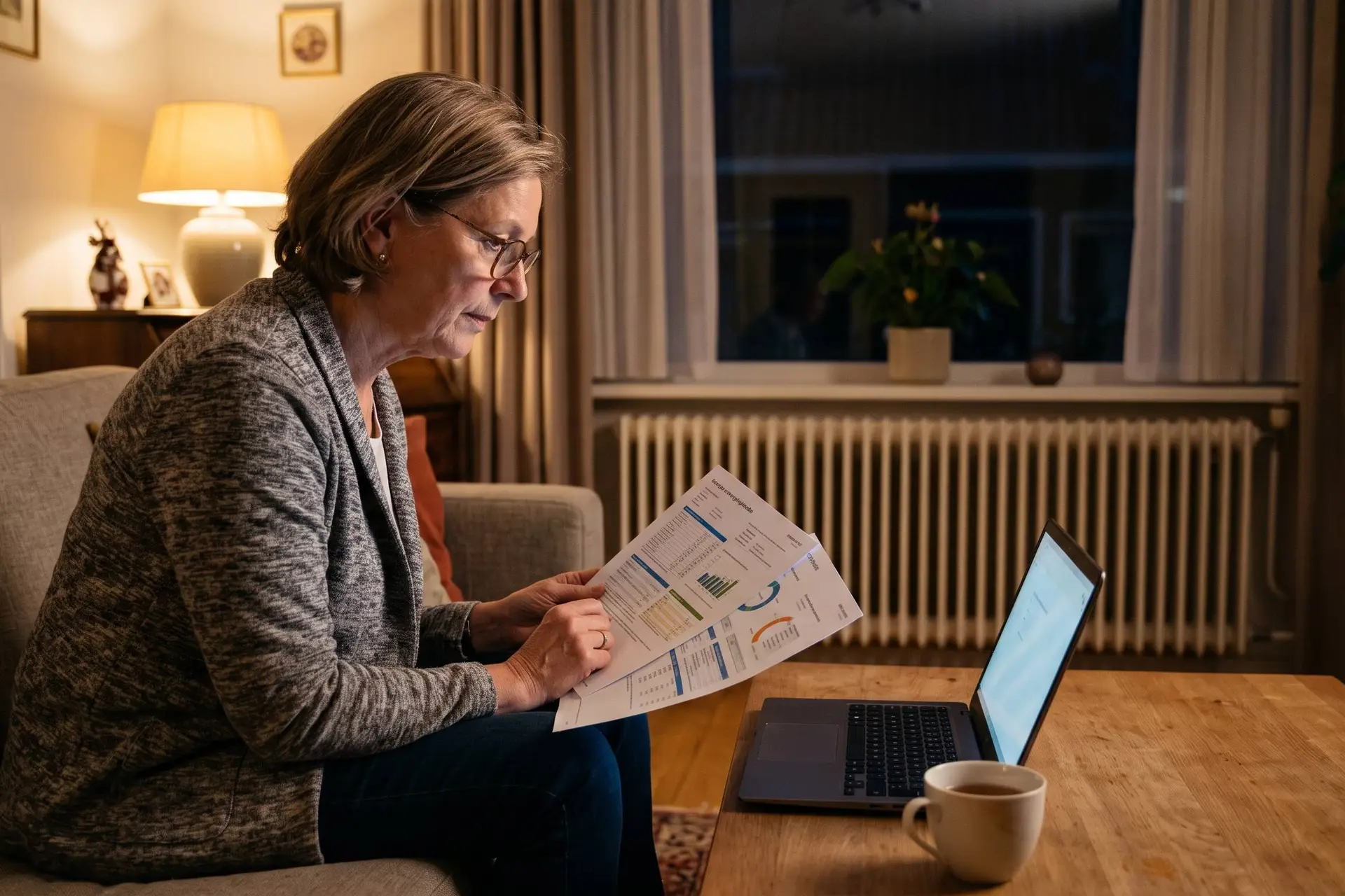 Vrouw op de bank met haar energiejaarnota op schoot vergelijkt op haar laptop energiecontracten