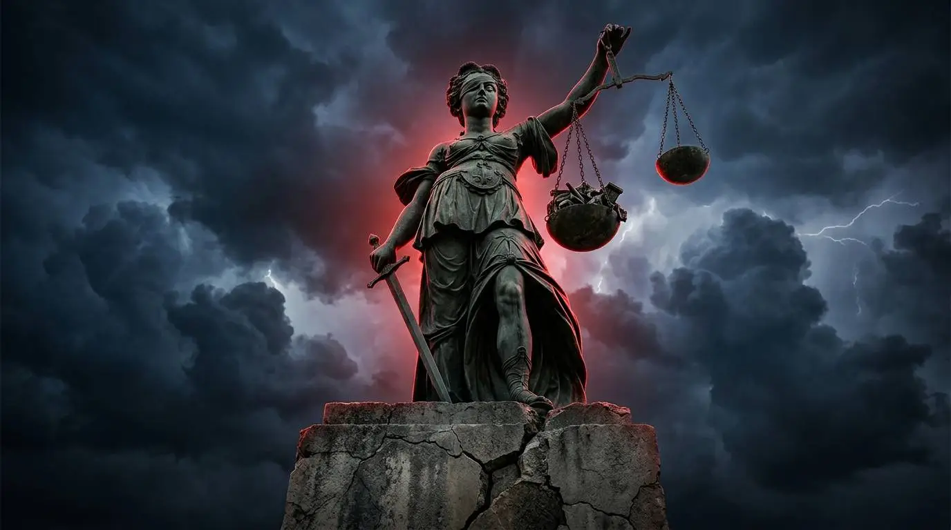 Bronzen Vrouwe Justitia met afgezakte blinddoek en scheve weegschaal, symbool voor de dubbele maat van het OM
