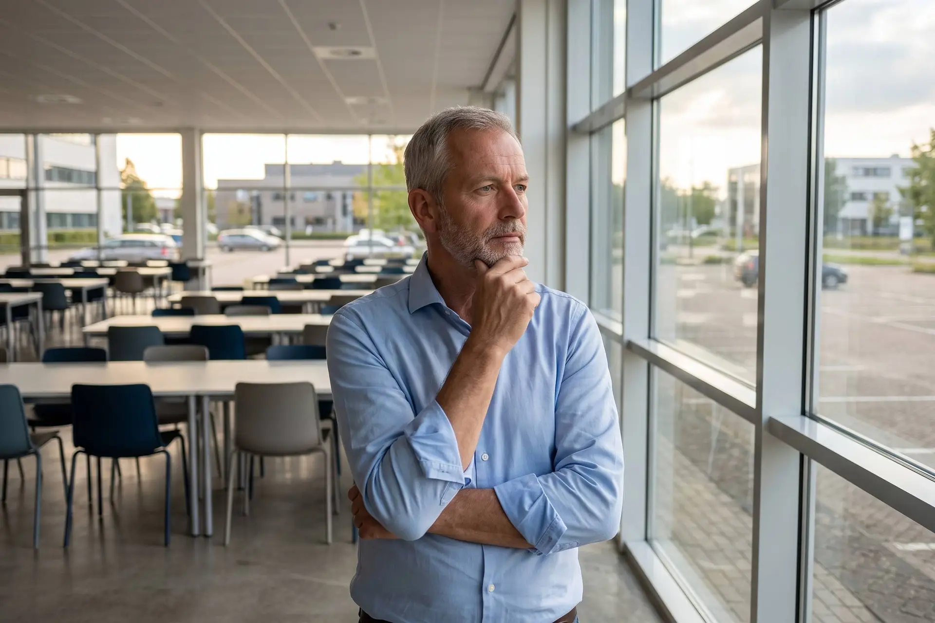 Man van begin zestig kijkt nadenkend uit het raam van een lege bedrijfskantine