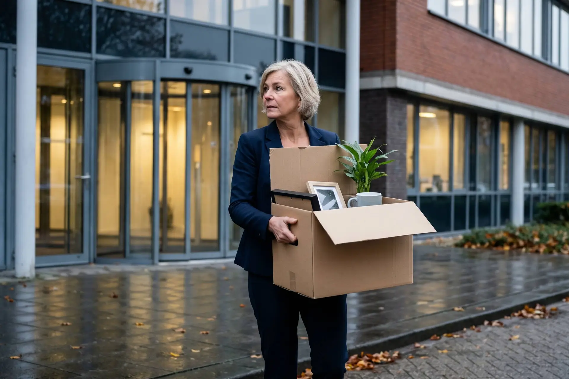 Vrouw van rond de zestig loopt met een kartonnen doos met spullen de personeelsingang van een kantoorgebouw uit.