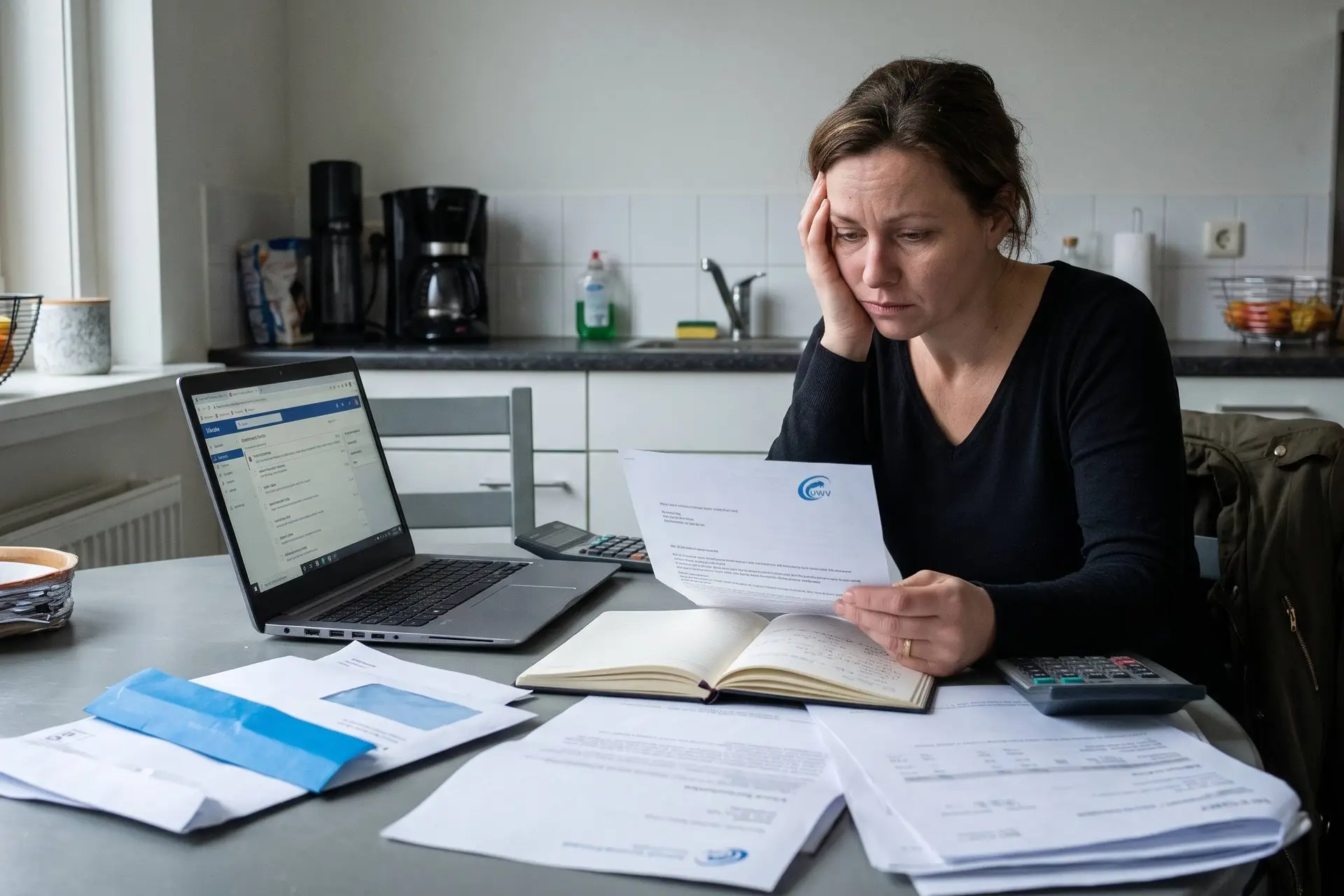 Een bezorgde vrouw zit aan haar keukentafel met haar hand aan haar hoofd, omringd door papieren en een laptop, terwijl ze een officiële brief leest.