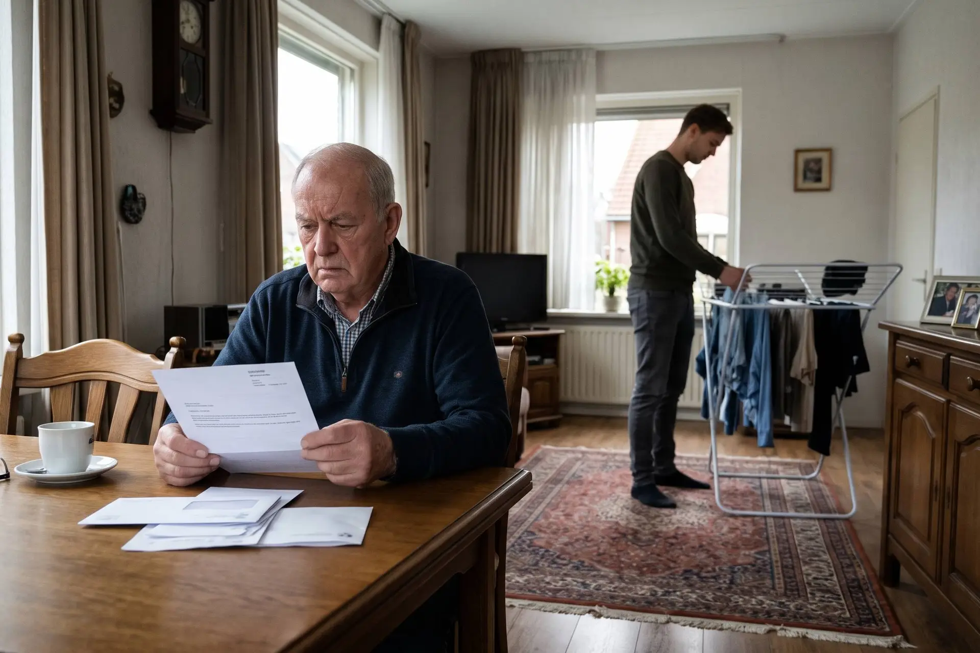Een bezorgde oudere man leest aan de eettafel een brief, terwijl op de achtergrond zijn inwonende kleinzoon de was ophangt.
