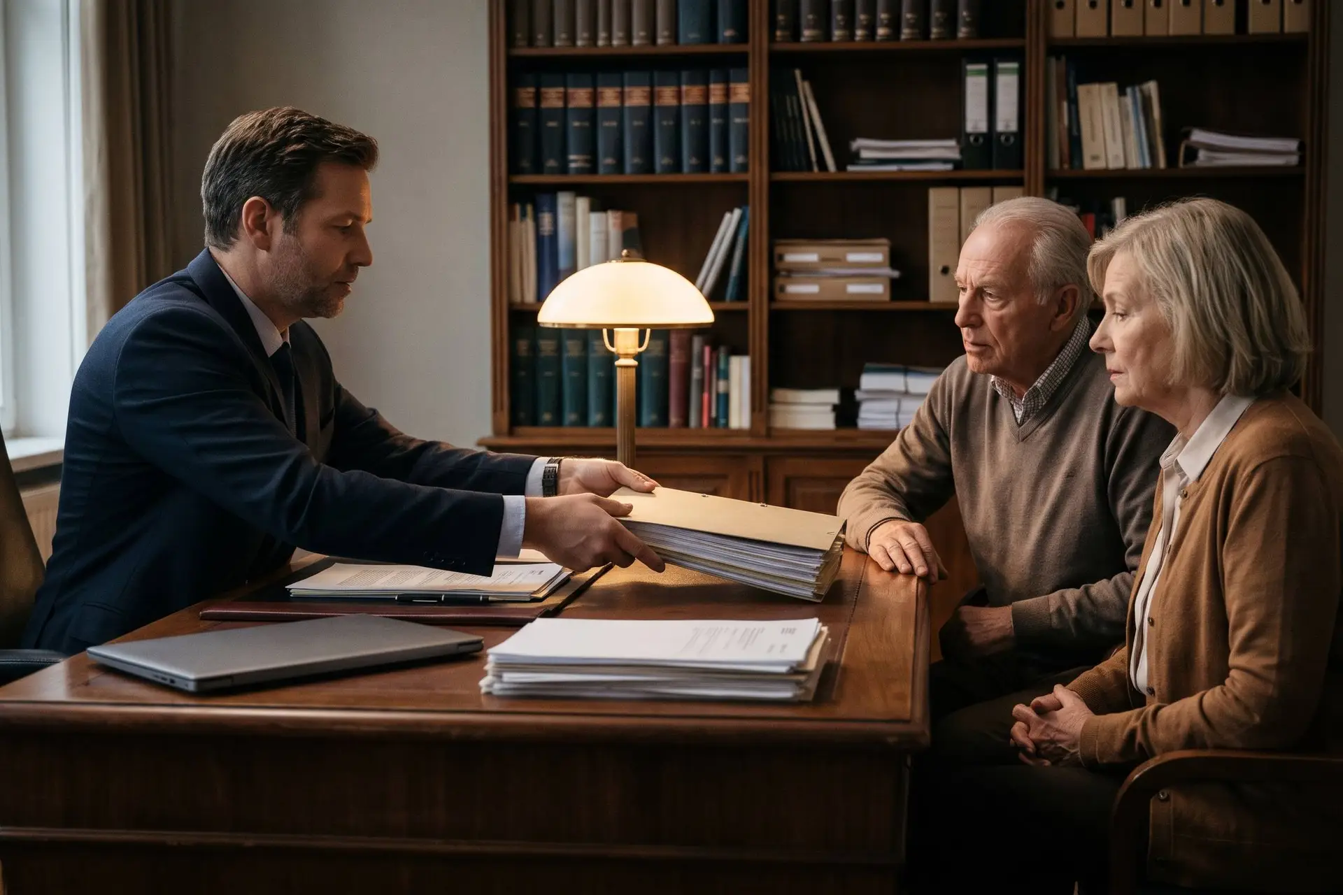 Ouder echtpaar aan het bureau van een notaris, die een map met papieren naar hen toe schuift.