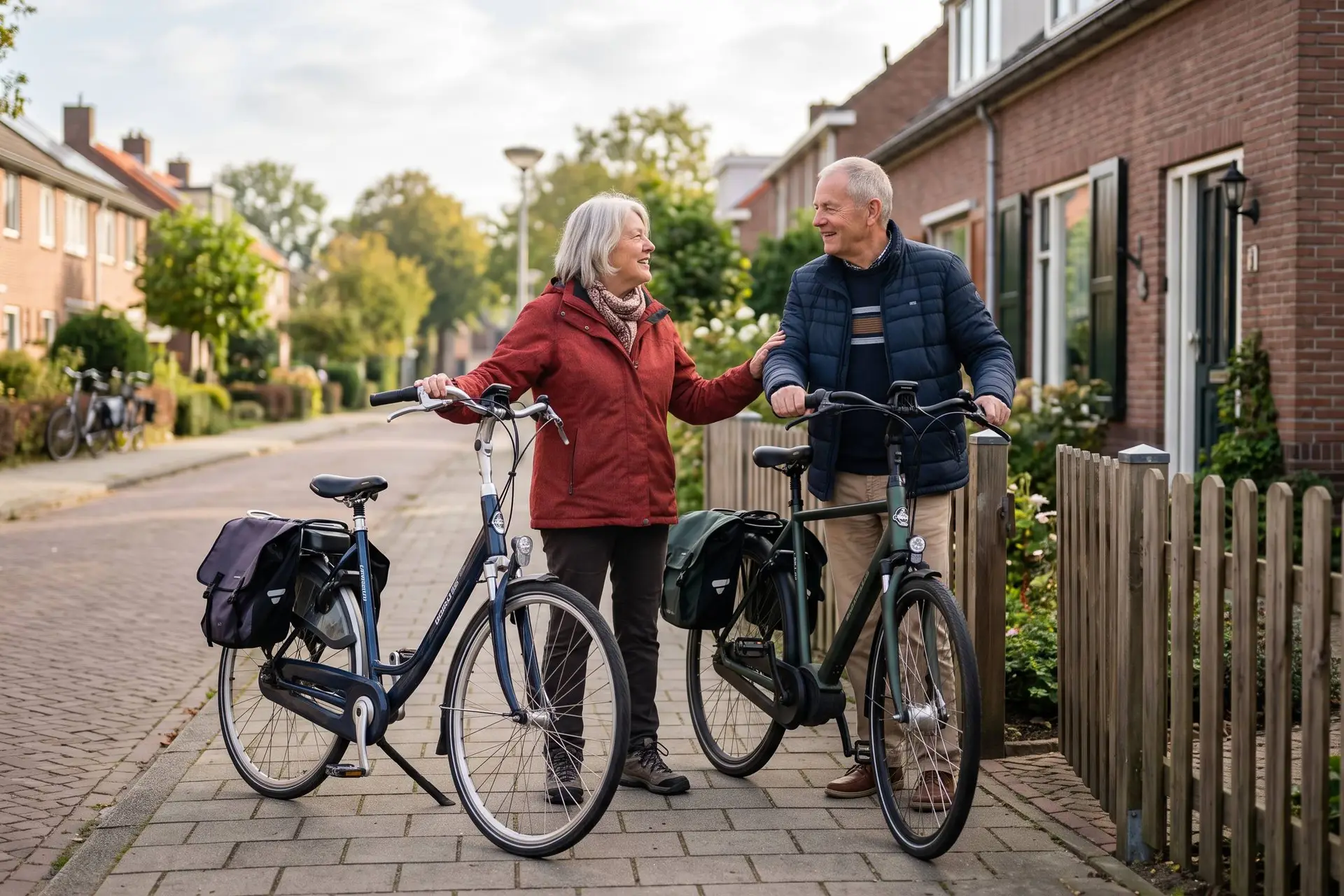 Gepensioneerd echtpaar met fietsen bij het tuinhek van hun woning.