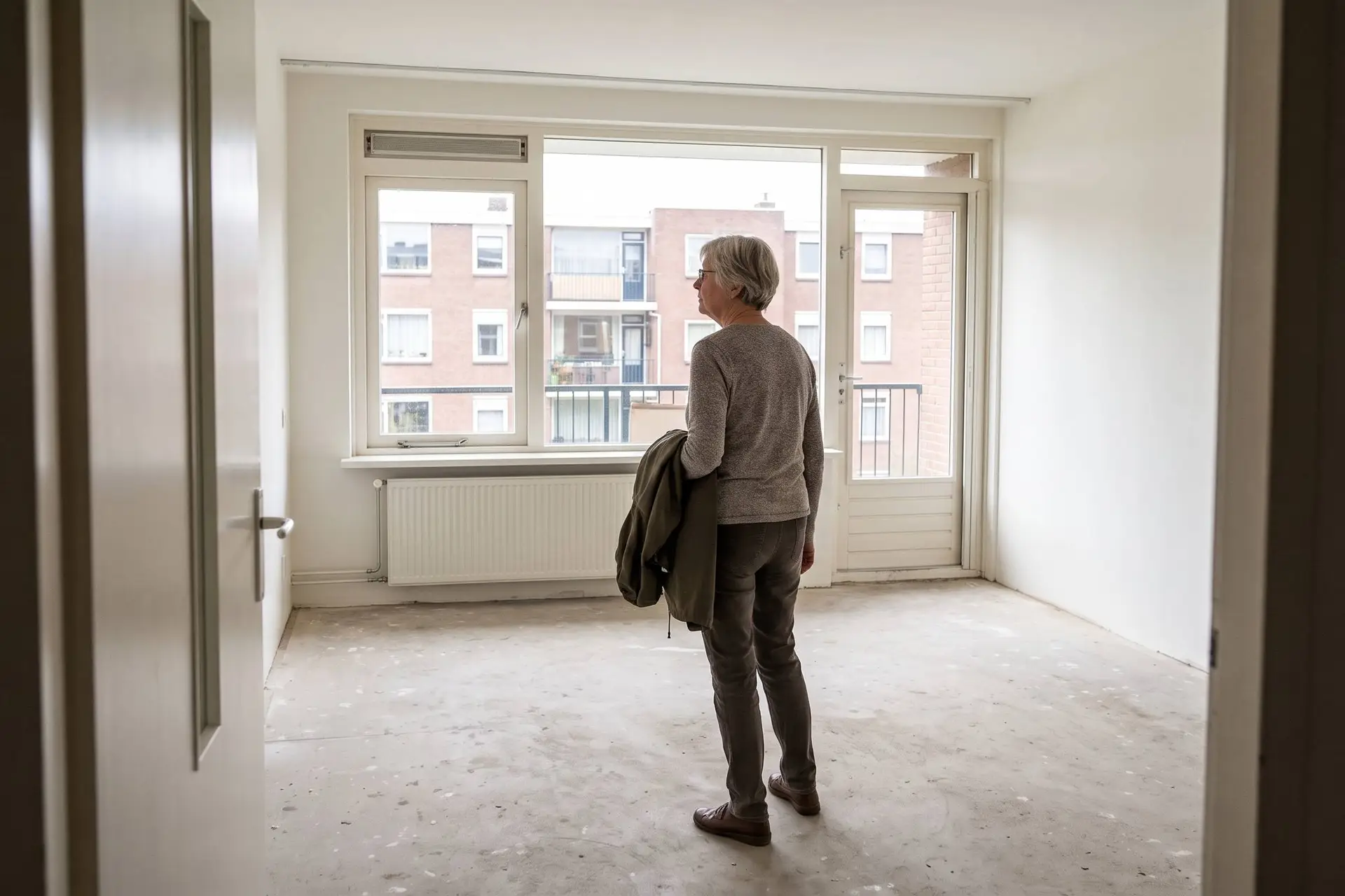 Een oudere vrouw die tijdens een bezichtiging een leeg huurappartement bekijkt.