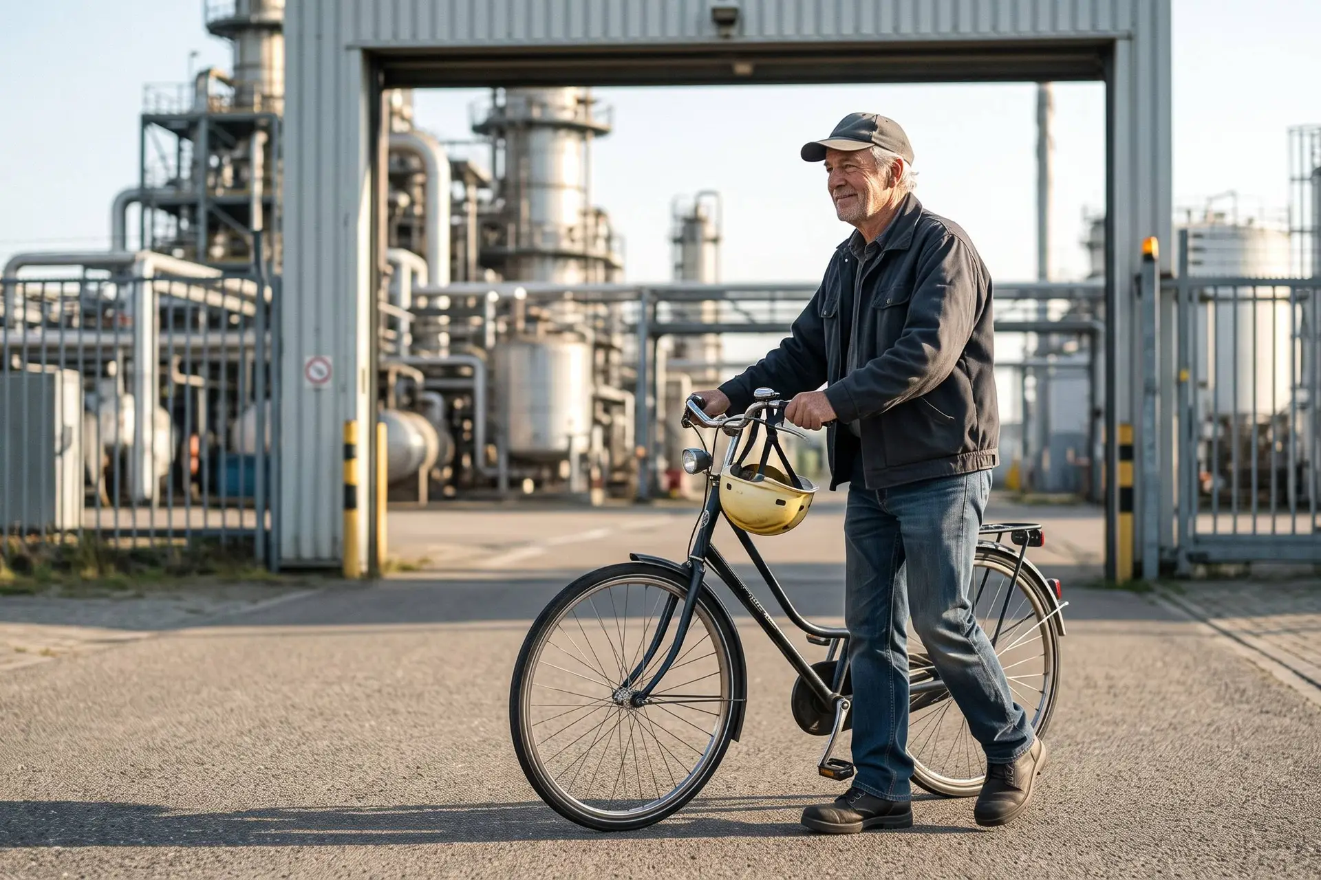 Illustratie van een oudere werknemer die met zijn fiets een industrieterrein verlaat.
